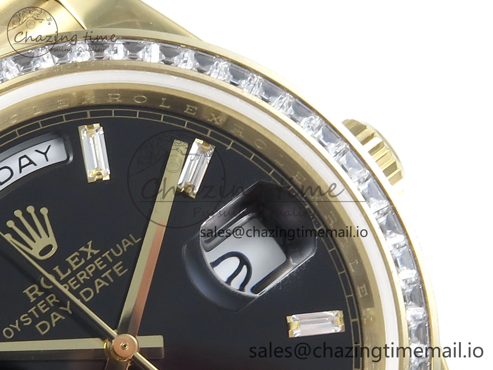 DayDate 40 YG QF 1:1 Best Edition Black Crystal Dial Diamonds Bezel on President Bracelet A2836 V5 (Gain Weight)