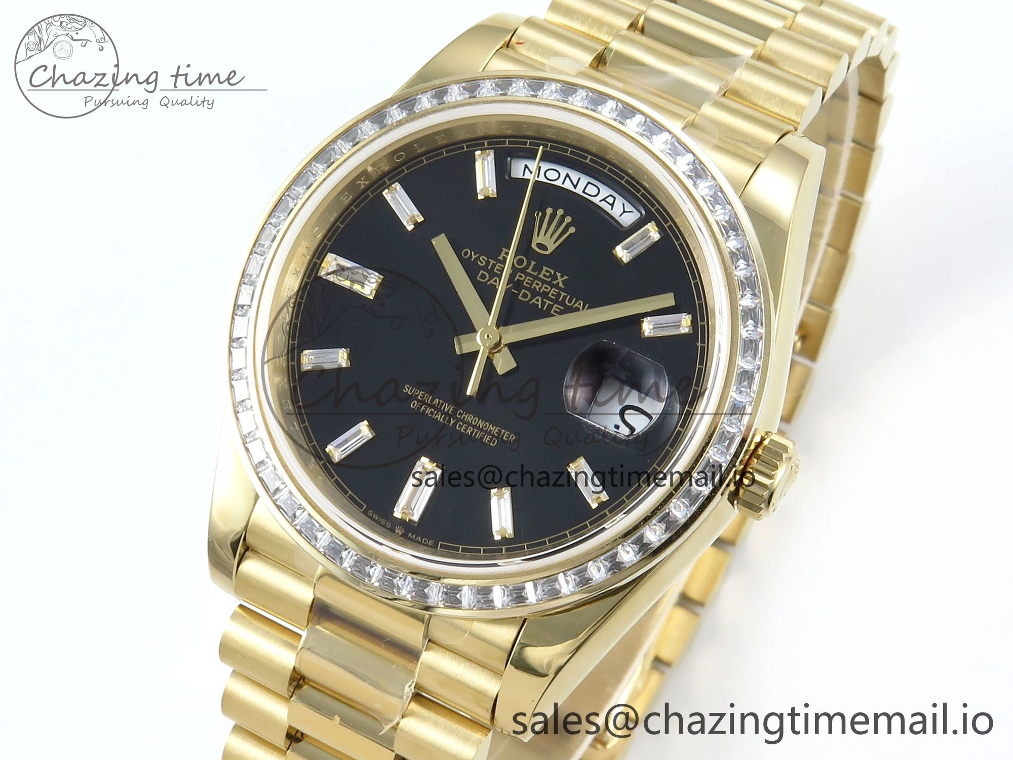 DayDate 40 YG QF 1:1 Best Edition Black Crystal Dial Diamonds Bezel on President Bracelet A2836 V5 (Gain Weight)