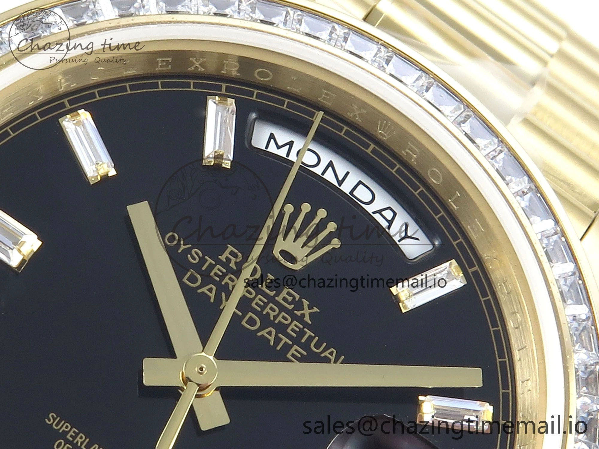 DayDate 40 YG QF 1:1 Best Edition Black Crystal Dial Diamonds Bezel on President Bracelet A2836 V5 (Gain Weight)
