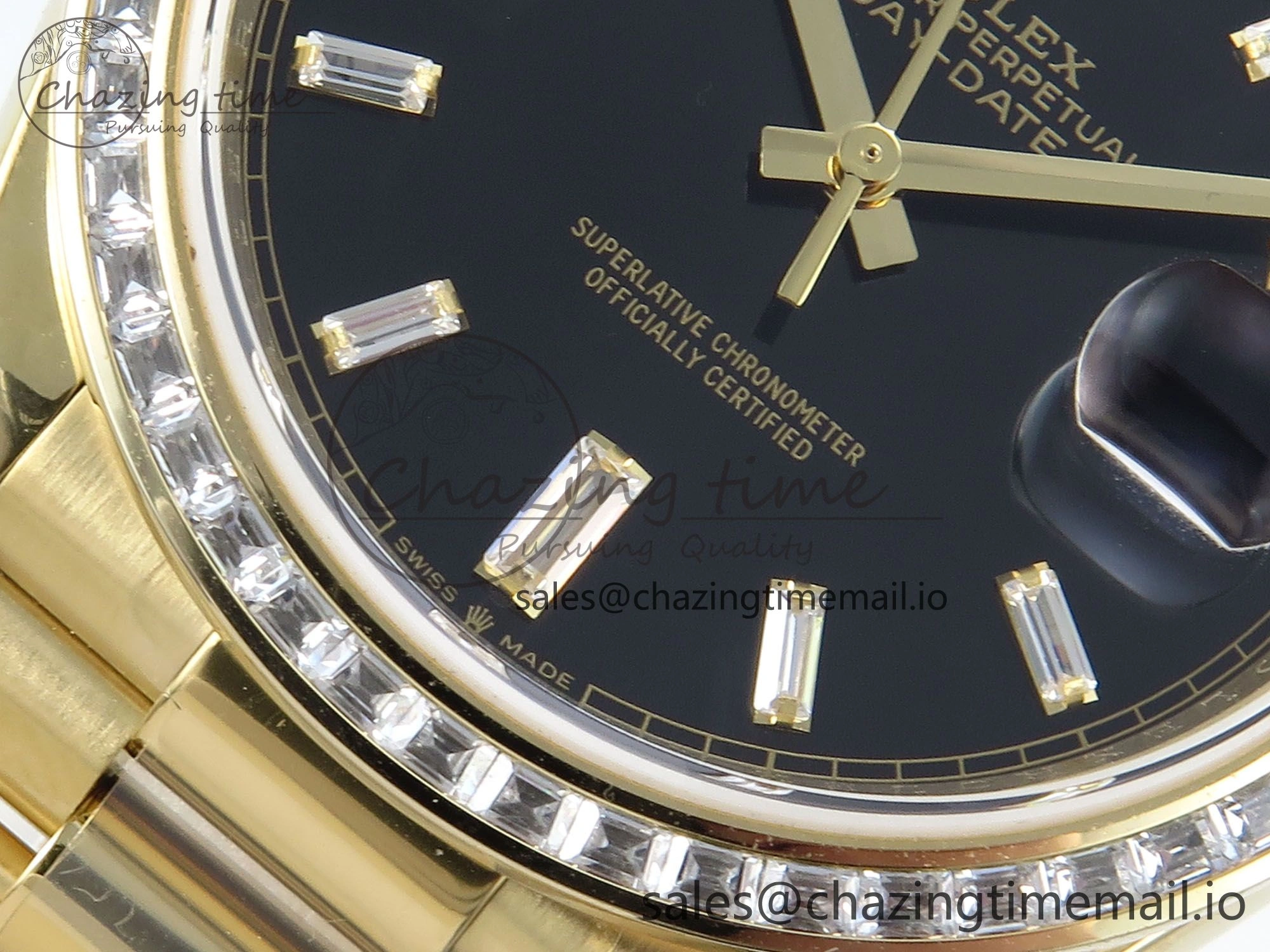 DayDate 40 YG QF 1:1 Best Edition Black Crystal Dial Diamonds Bezel on President Bracelet A2836 V5 (Gain Weight)
