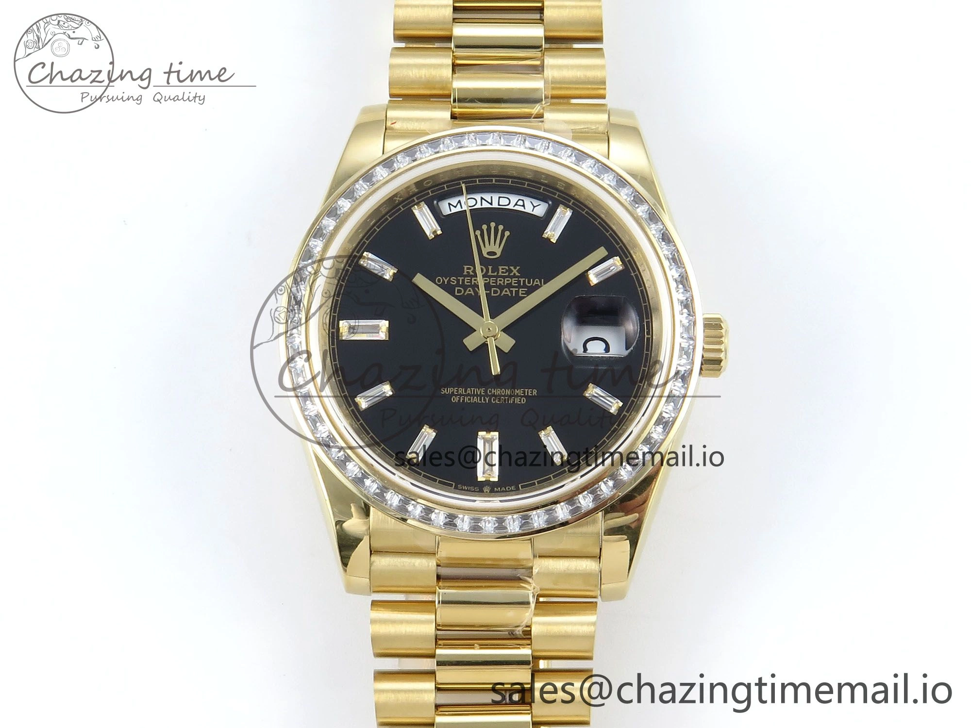 DayDate 40 YG QF 1:1 Best Edition Black Crystal Dial Diamonds Bezel on President Bracelet A2836 V5 (Gain Weight)
