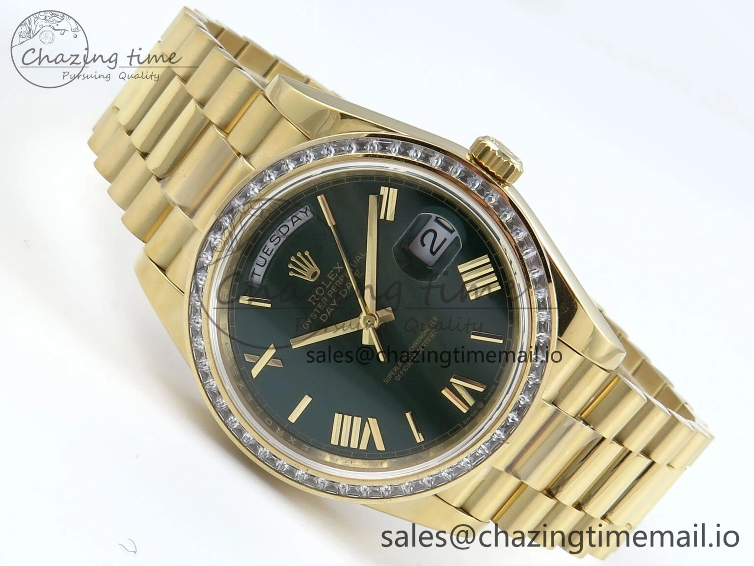 DayDate 40 YG QF 1:1 Best Edition Green Roman Dial Diamonds Bezel on President Bracelet A2836 V5 (Gain Weight)