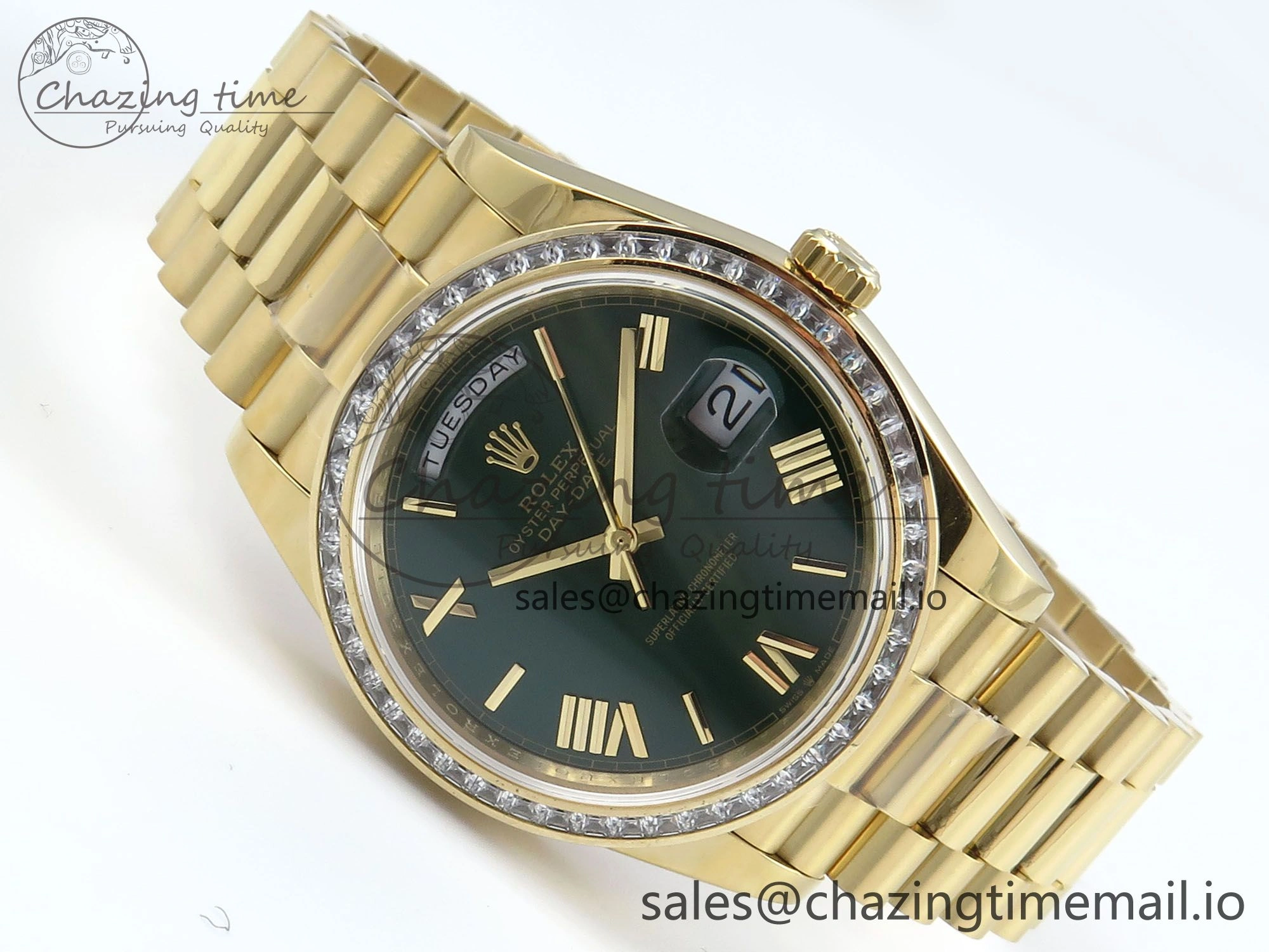 DayDate 40 YG QF 1:1 Best Edition Green Roman Dial Diamonds Bezel on President Bracelet A2836 V5 (Gain Weight)