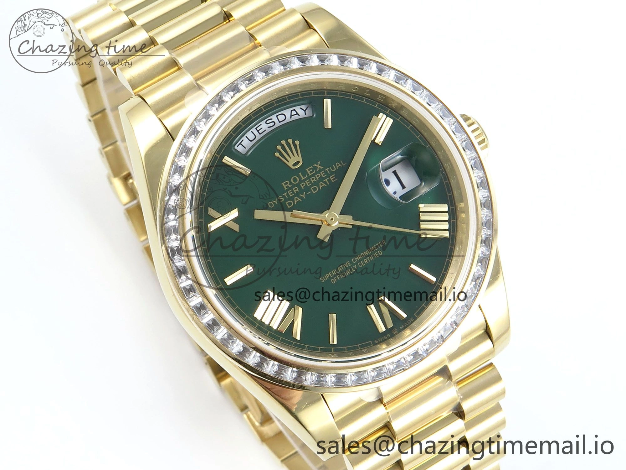DayDate 40 YG QF 1:1 Best Edition Green Roman Dial Diamonds Bezel on President Bracelet A2836 V5 (Gain Weight)