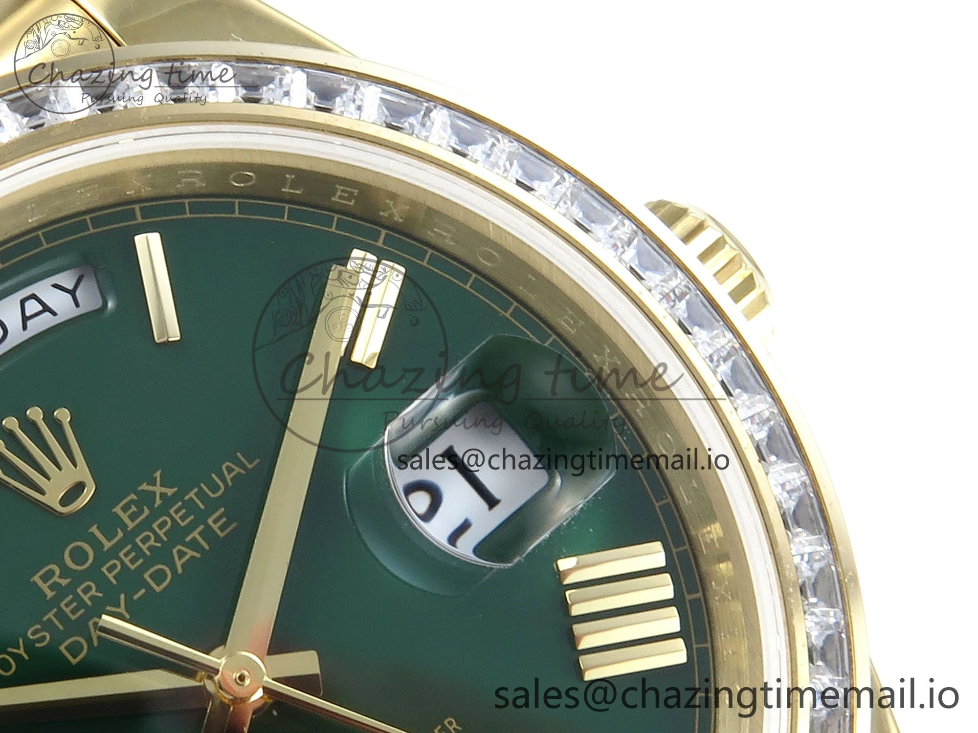 DayDate 40 YG QF 1:1 Best Edition Green Roman Dial Diamonds Bezel on President Bracelet A2836 V5 (Gain Weight)