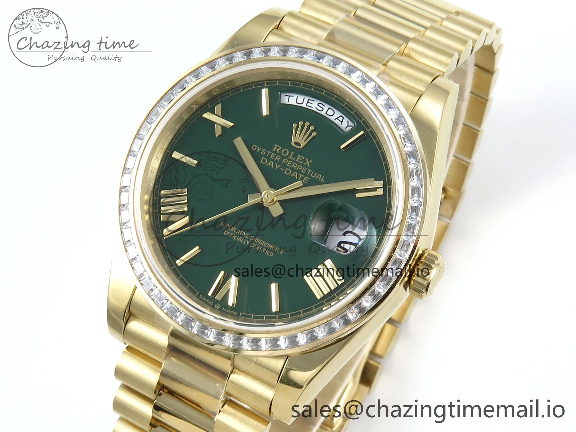 DayDate 40 YG QF 1:1 Best Edition Green Roman Dial Diamonds Bezel on President Bracelet A2836 V5 (Gain Weight)