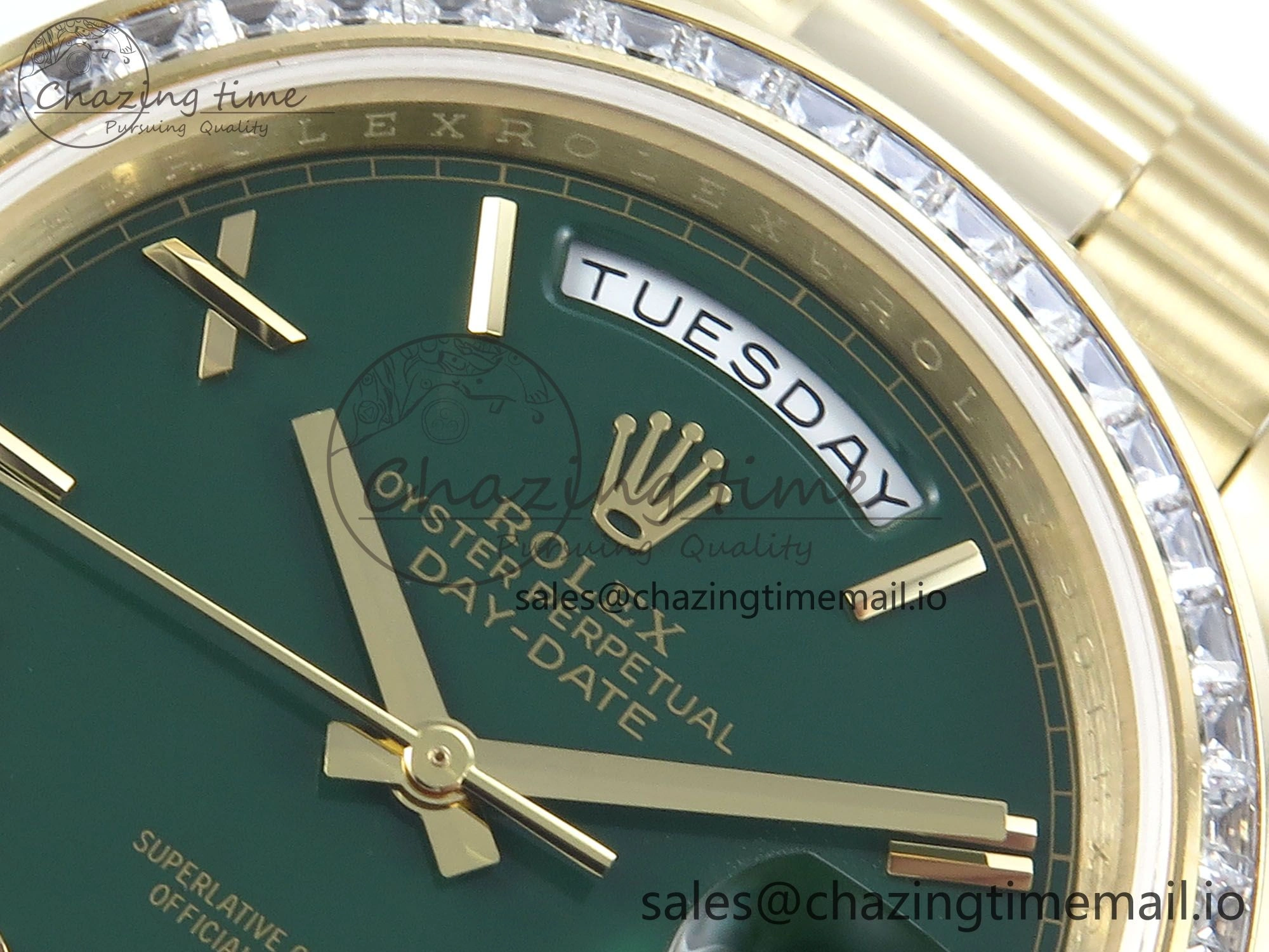DayDate 40 YG QF 1:1 Best Edition Green Roman Dial Diamonds Bezel on President Bracelet A2836 V5 (Gain Weight)