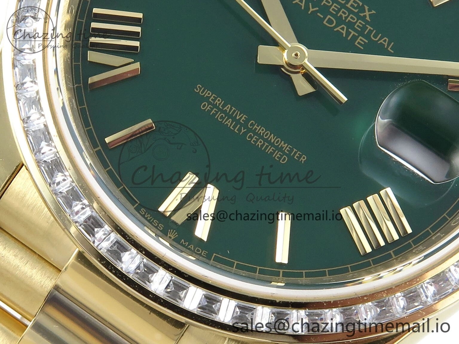 DayDate 40 YG QF 1:1 Best Edition Green Roman Dial Diamonds Bezel on President Bracelet A2836 V5 (Gain Weight)