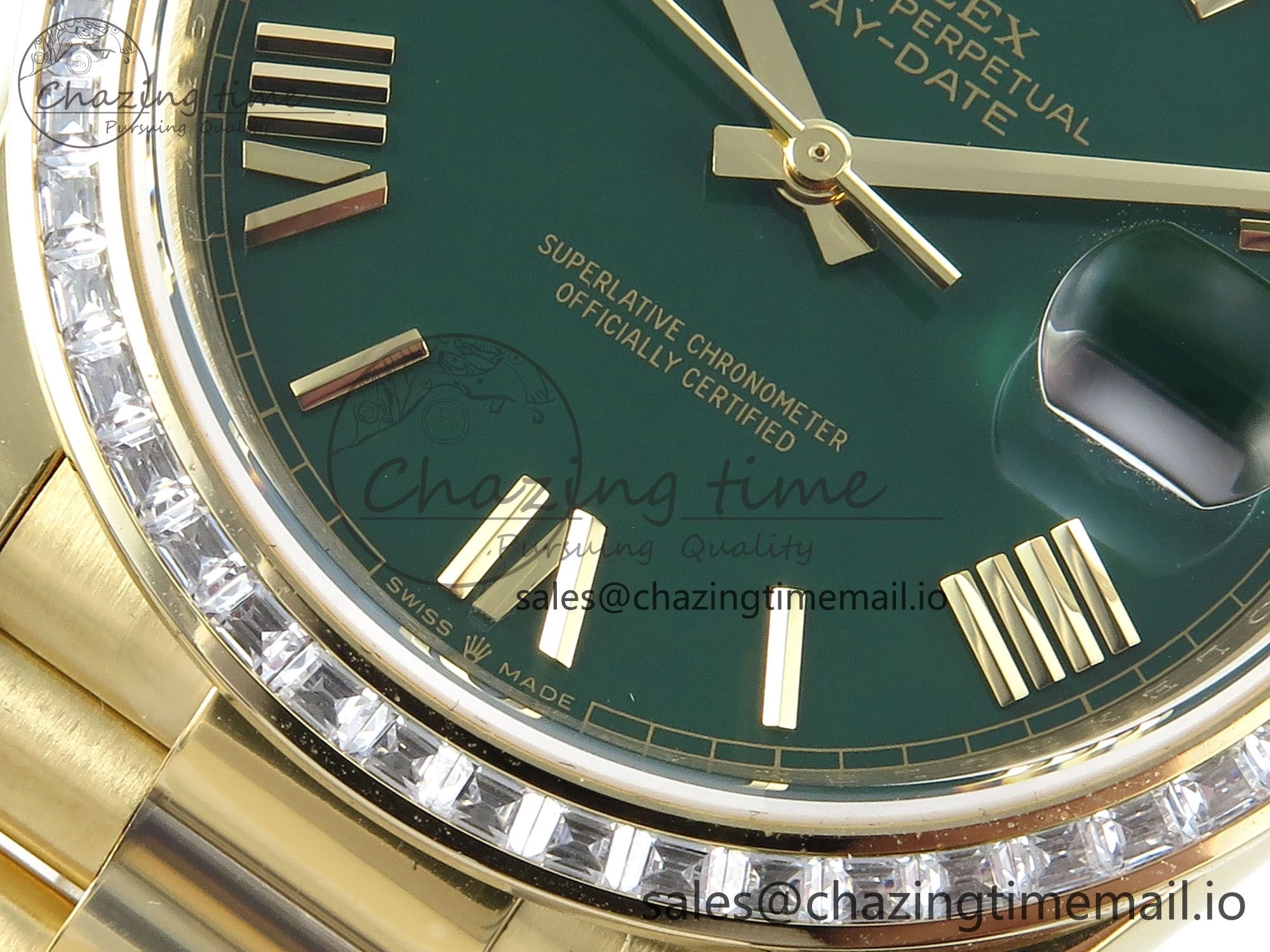 DayDate 40 YG QF 1:1 Best Edition Green Roman Dial Diamonds Bezel on President Bracelet A2836 V5 (Gain Weight)
