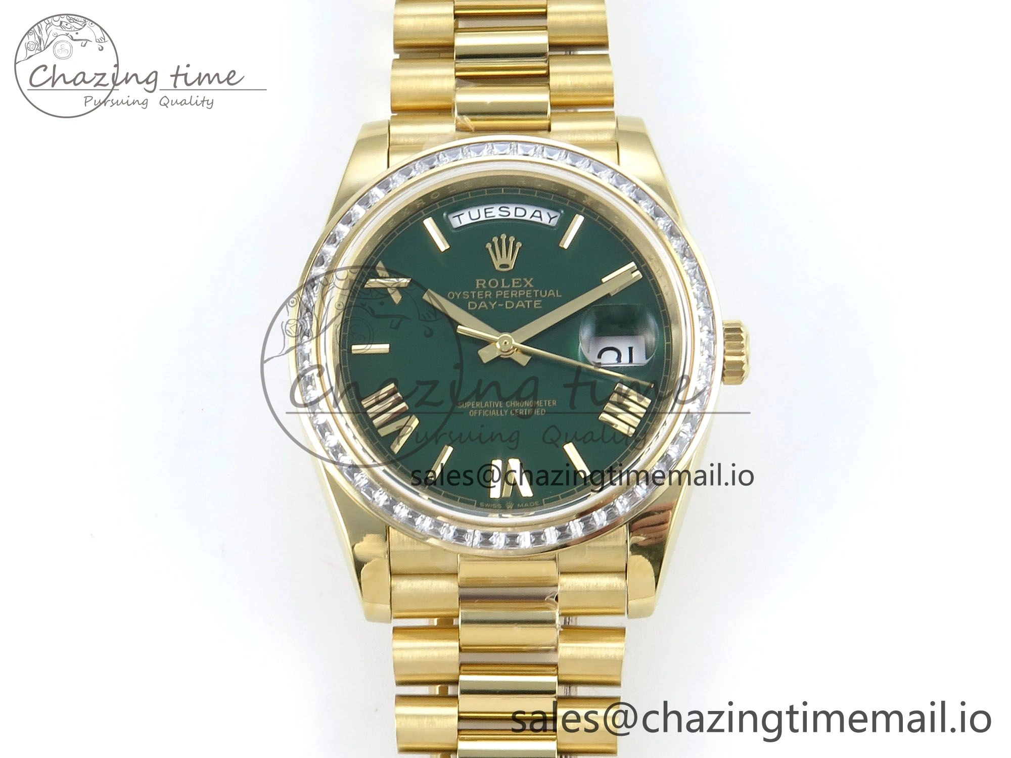 DayDate 40 YG QF 1:1 Best Edition Green Roman Dial Diamonds Bezel on President Bracelet A2836 V5 (Gain Weight)