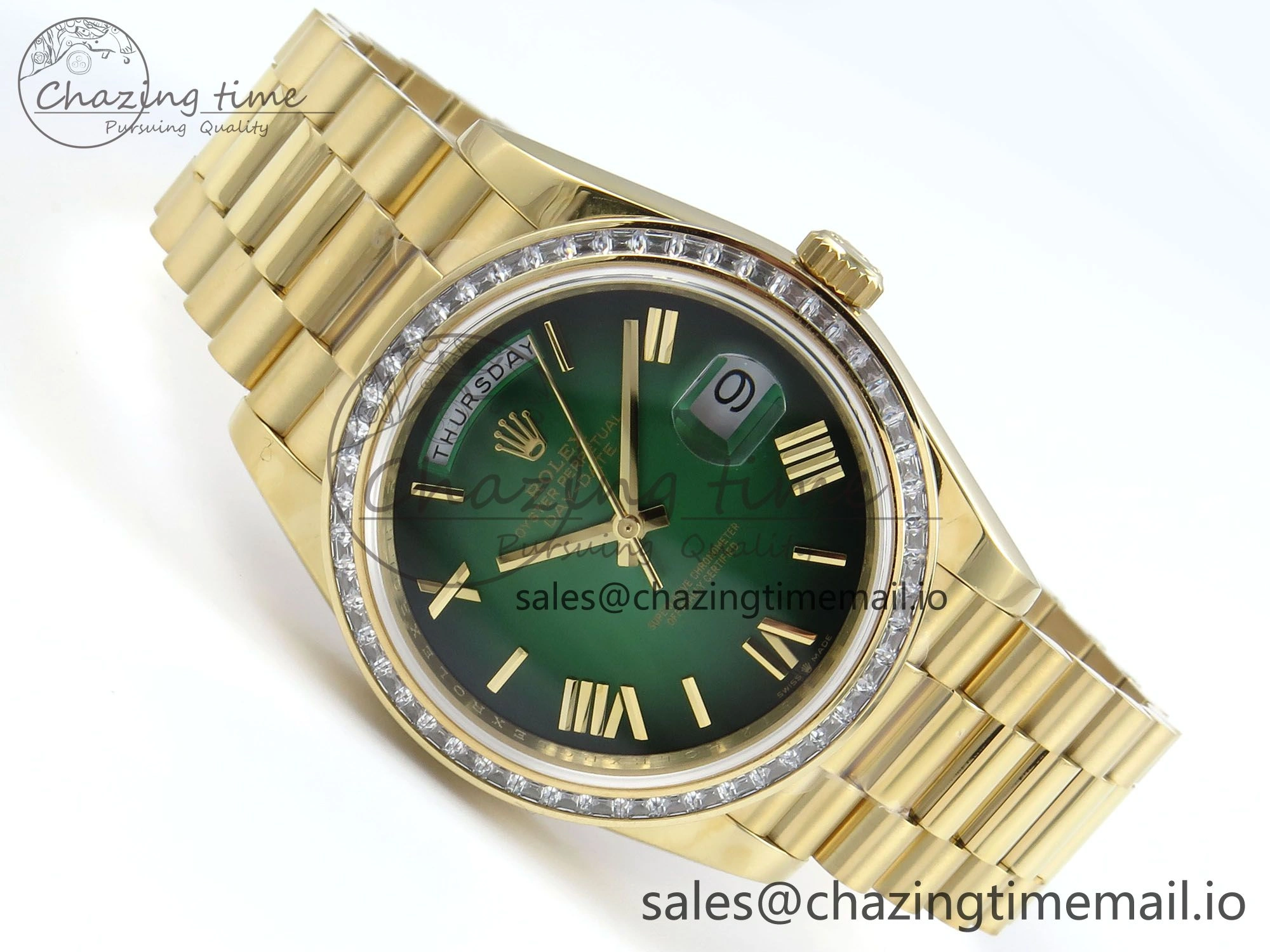 DayDate 40 YG QF 1:1 Best Edition Green Black Dial Diamonds Bezel on President Bracelet A2836 V5 (Gain Weight)
