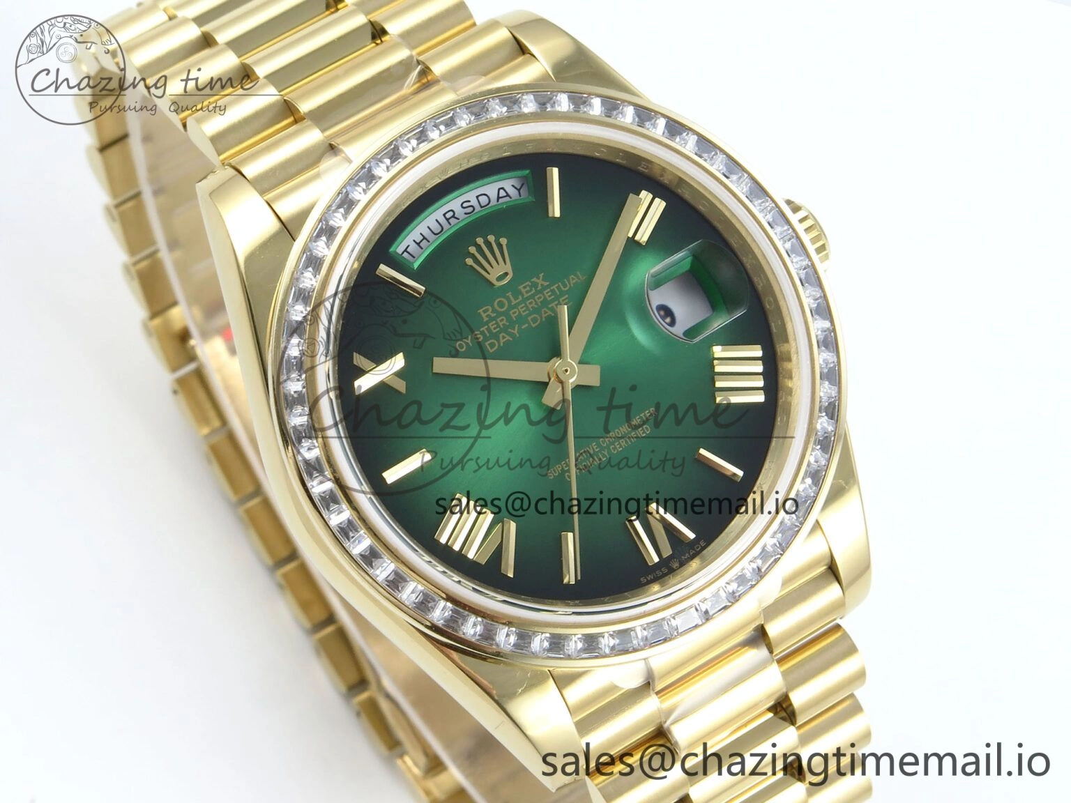 DayDate 40 YG QF 1:1 Best Edition Green Black Dial Diamonds Bezel on President Bracelet A2836 V5 (Gain Weight)