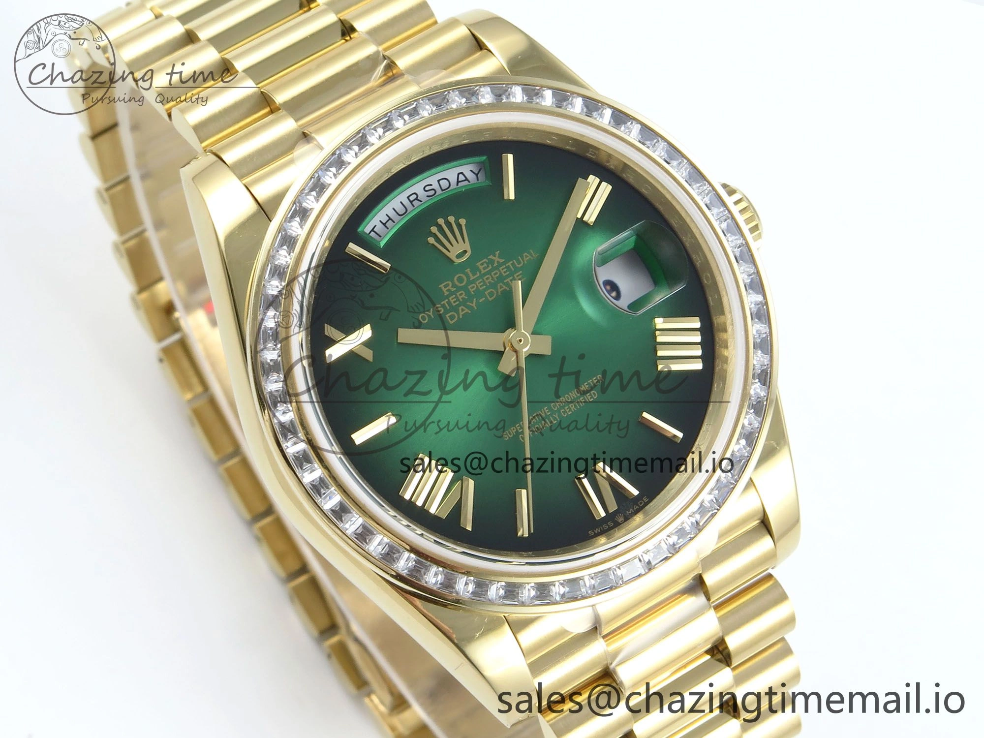 DayDate 40 YG QF 1:1 Best Edition Green Black Dial Diamonds Bezel on President Bracelet A2836 V5 (Gain Weight)