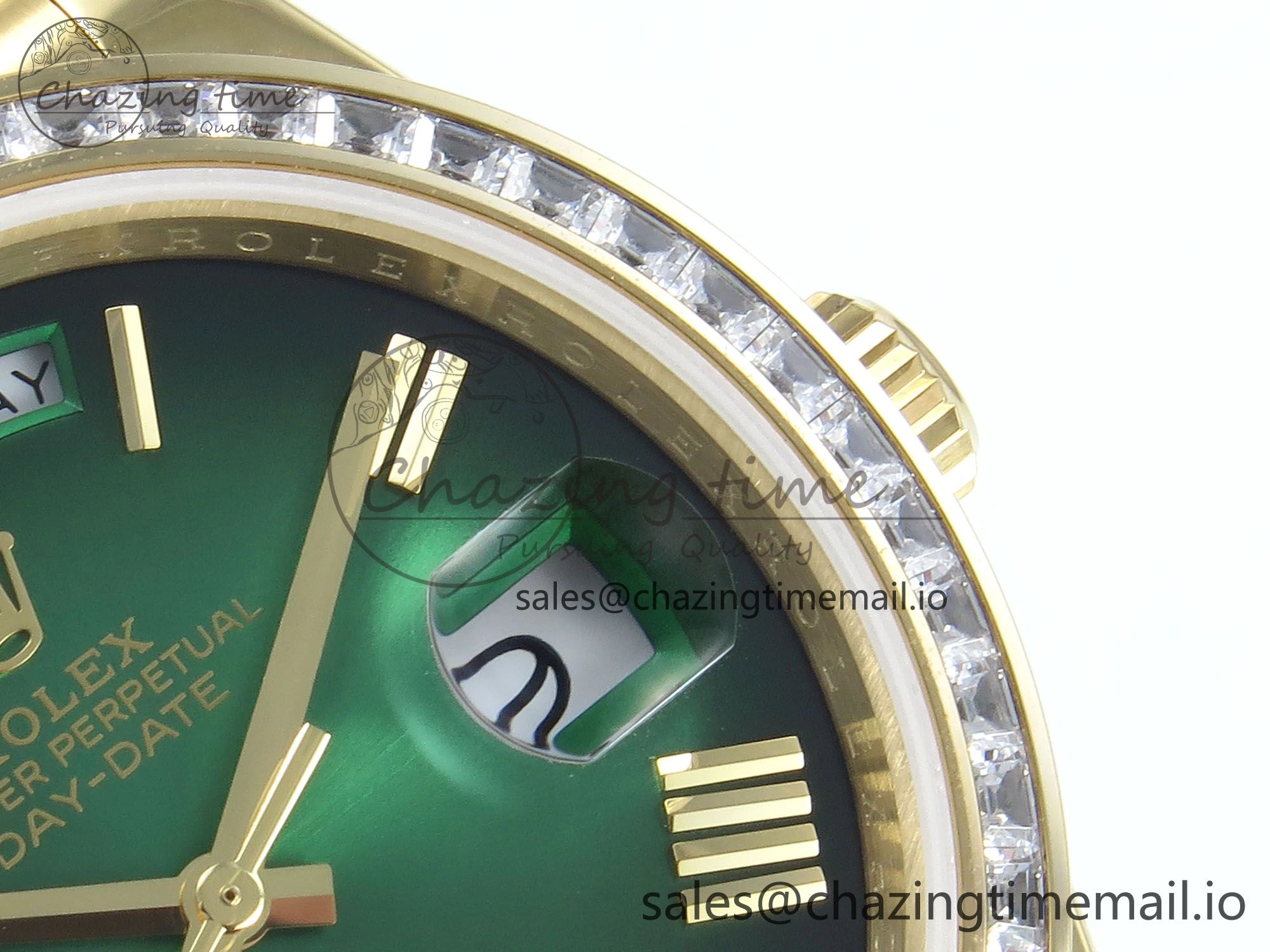 DayDate 40 YG QF 1:1 Best Edition Green Black Dial Diamonds Bezel on President Bracelet A2836 V5 (Gain Weight)