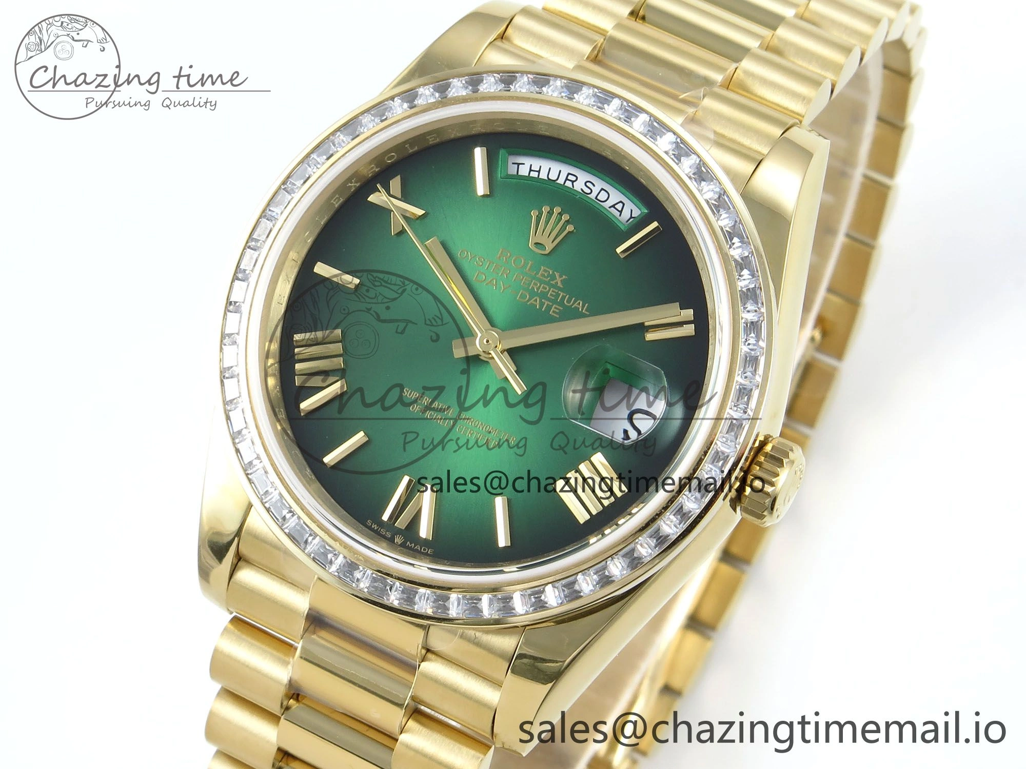DayDate 40 YG QF 1:1 Best Edition Green Black Dial Diamonds Bezel on President Bracelet A2836 V5 (Gain Weight)