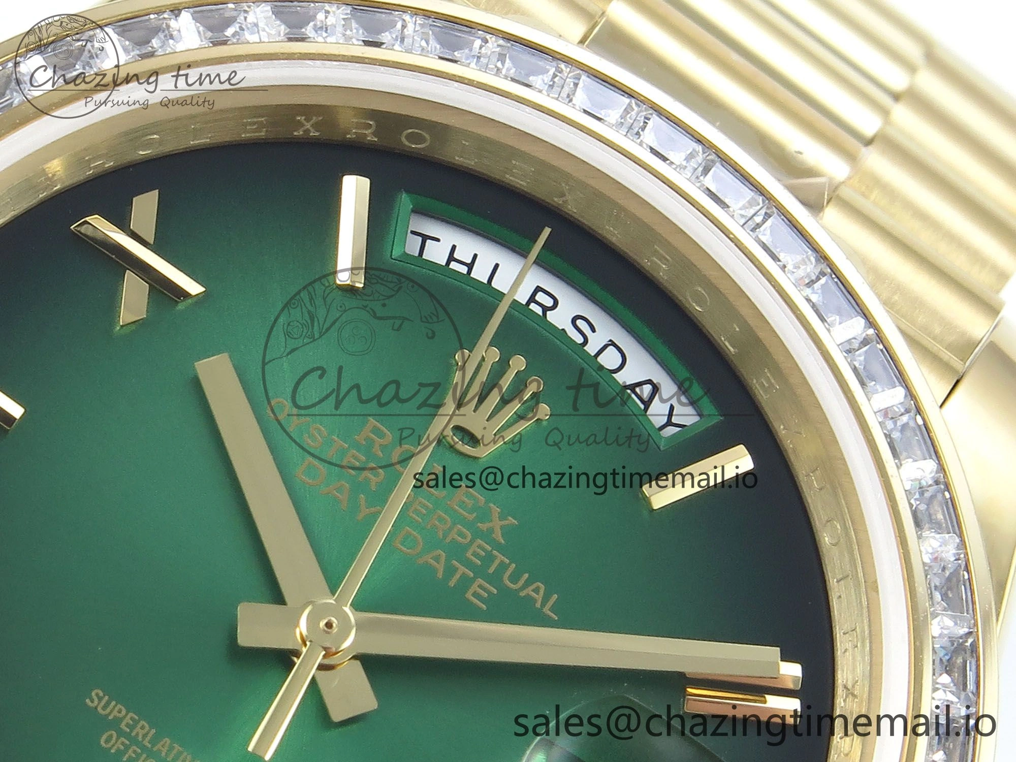 DayDate 40 YG QF 1:1 Best Edition Green Black Dial Diamonds Bezel on President Bracelet A2836 V5 (Gain Weight)