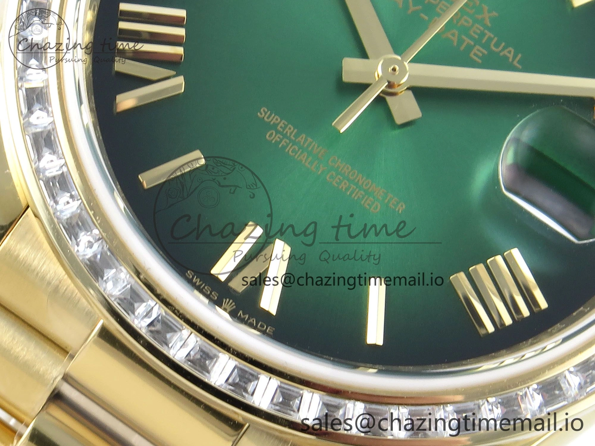 DayDate 40 YG QF 1:1 Best Edition Green Black Dial Diamonds Bezel on President Bracelet A2836 V5 (Gain Weight)