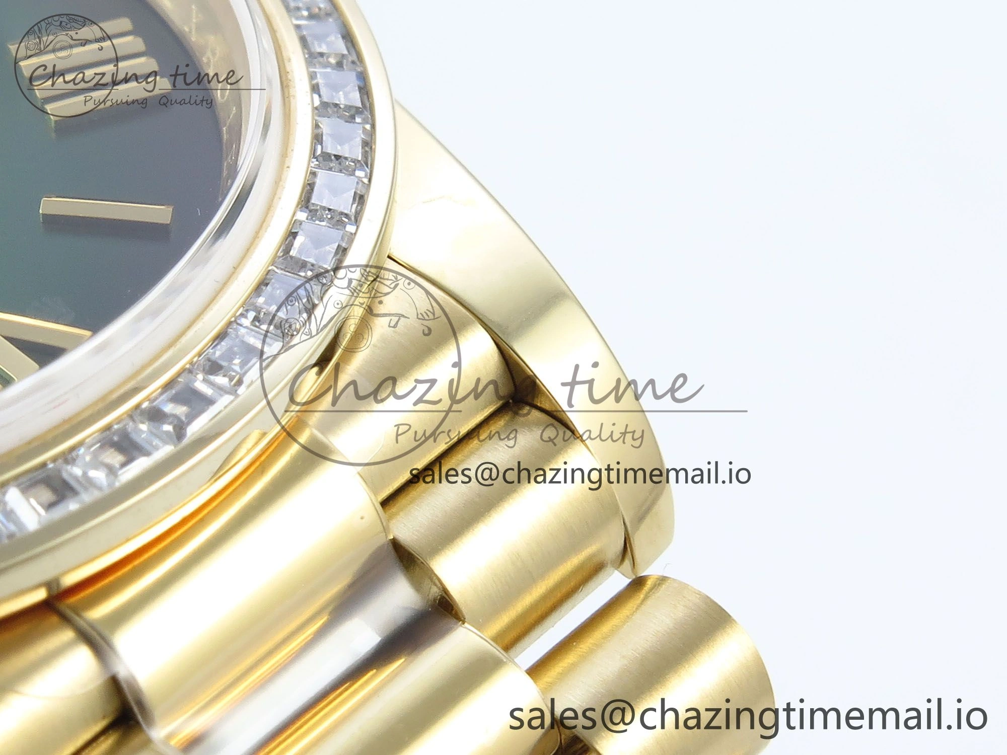 DayDate 40 YG QF 1:1 Best Edition Green Black Dial Diamonds Bezel on President Bracelet A2836 V5 (Gain Weight)