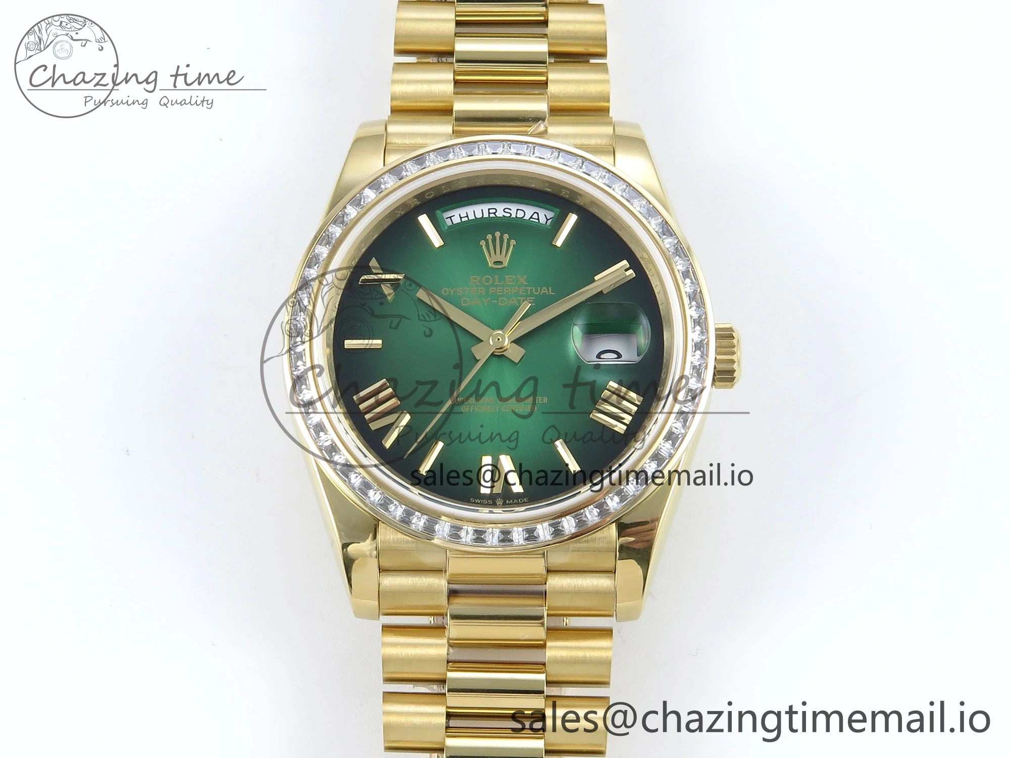 DayDate 40 YG QF 1:1 Best Edition Green Black Dial Diamonds Bezel on President Bracelet A2836 V5 (Gain Weight)