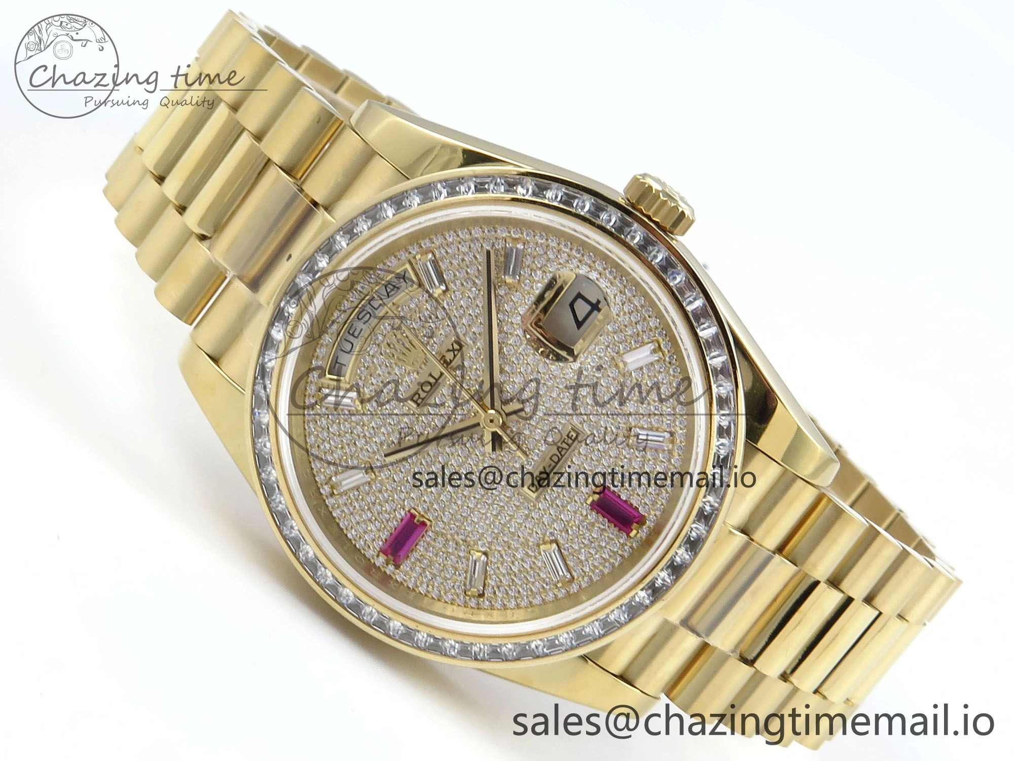 DayDate 40 YG QF 1:1 Best Edition Pink Diamonds Dial Diamonds Bezel on President Bracelet A2836 V5 (Gain Weight)