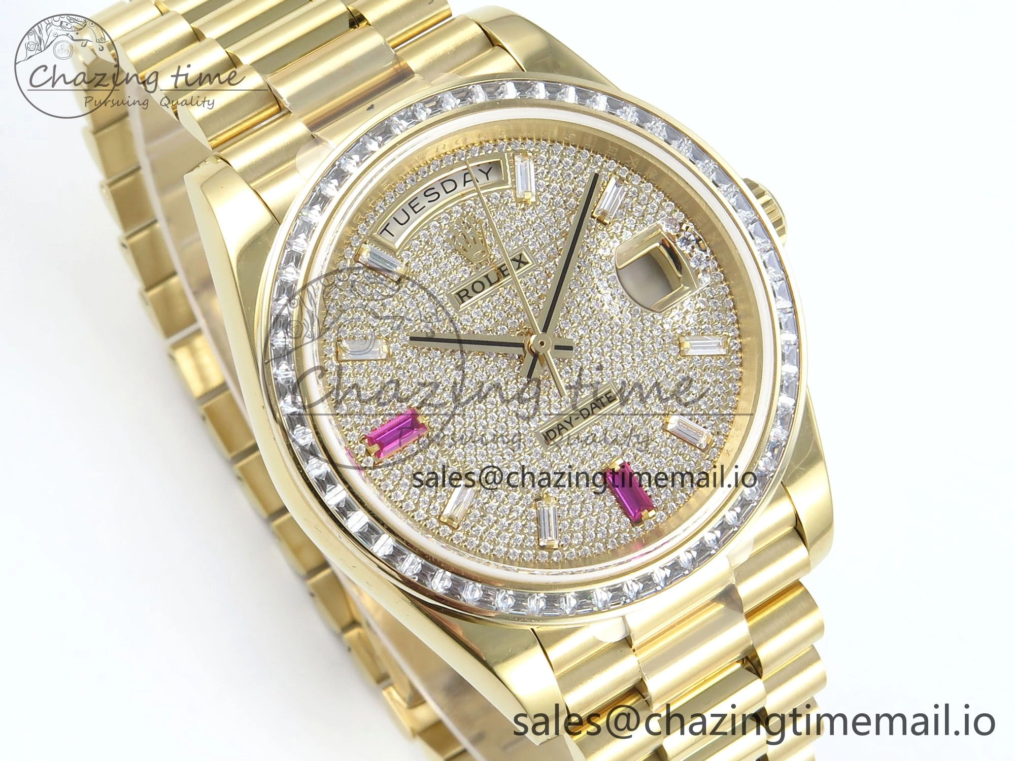DayDate 40 YG QF 1:1 Best Edition Pink Diamonds Dial Diamonds Bezel on President Bracelet A2836 V5 (Gain Weight)