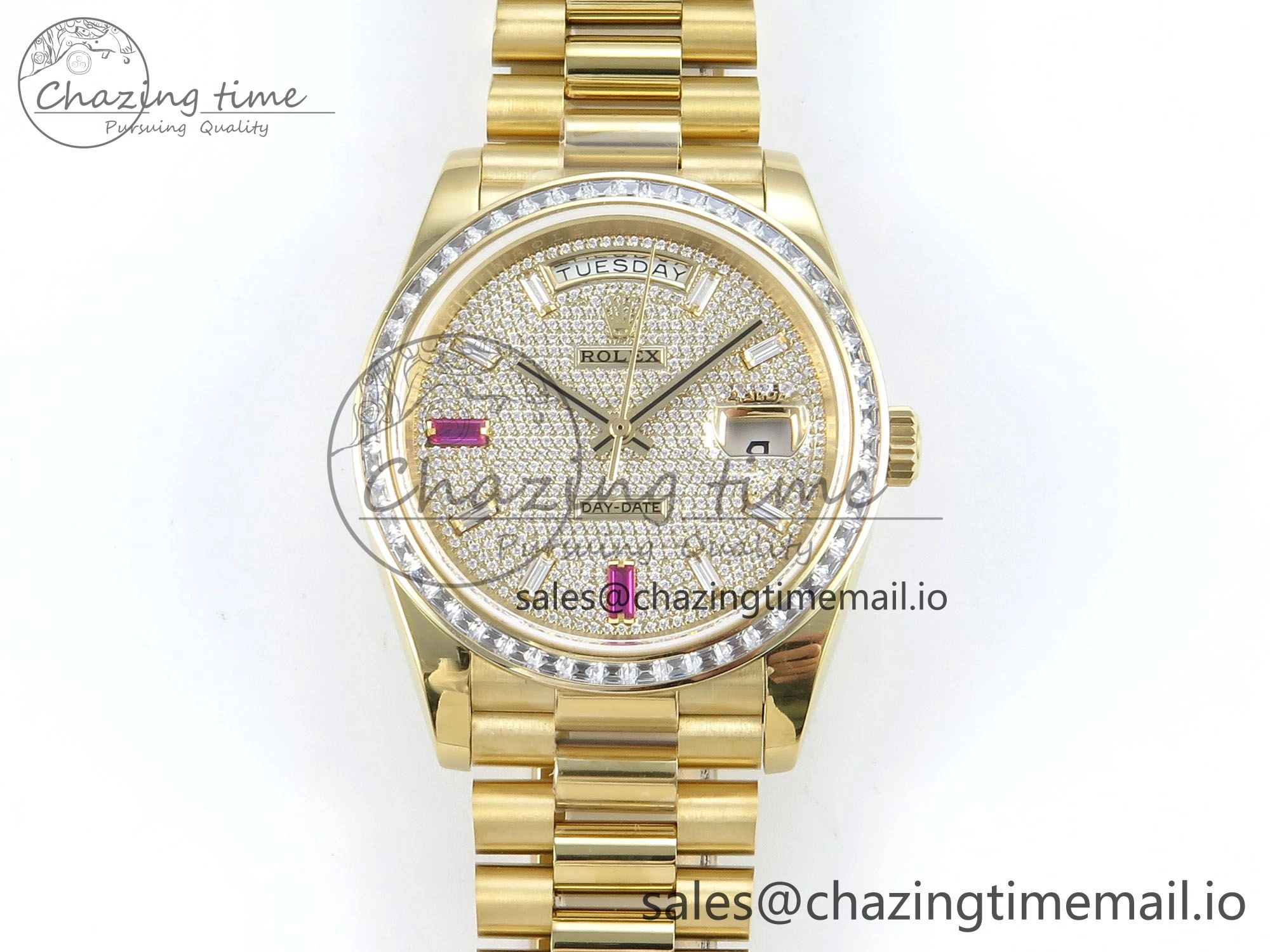 DayDate 40 YG QF 1:1 Best Edition Pink Diamonds Dial Diamonds Bezel on President Bracelet A2836 V5 (Gain Weight)