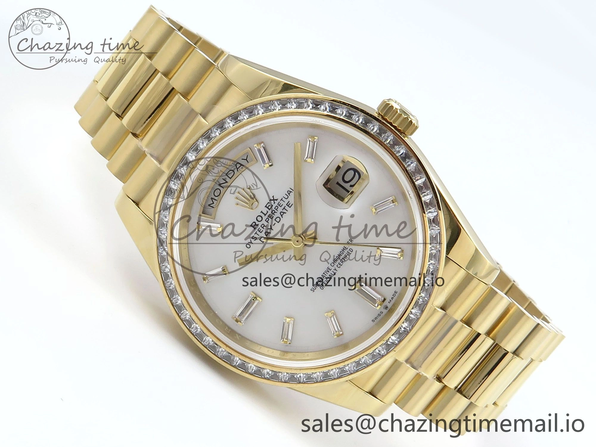 DayDate 40 YG QF 1:1 Best Edition White MOP Dial Diamonds Bezel on President Bracelet A2836 V5 (Gain Weight)