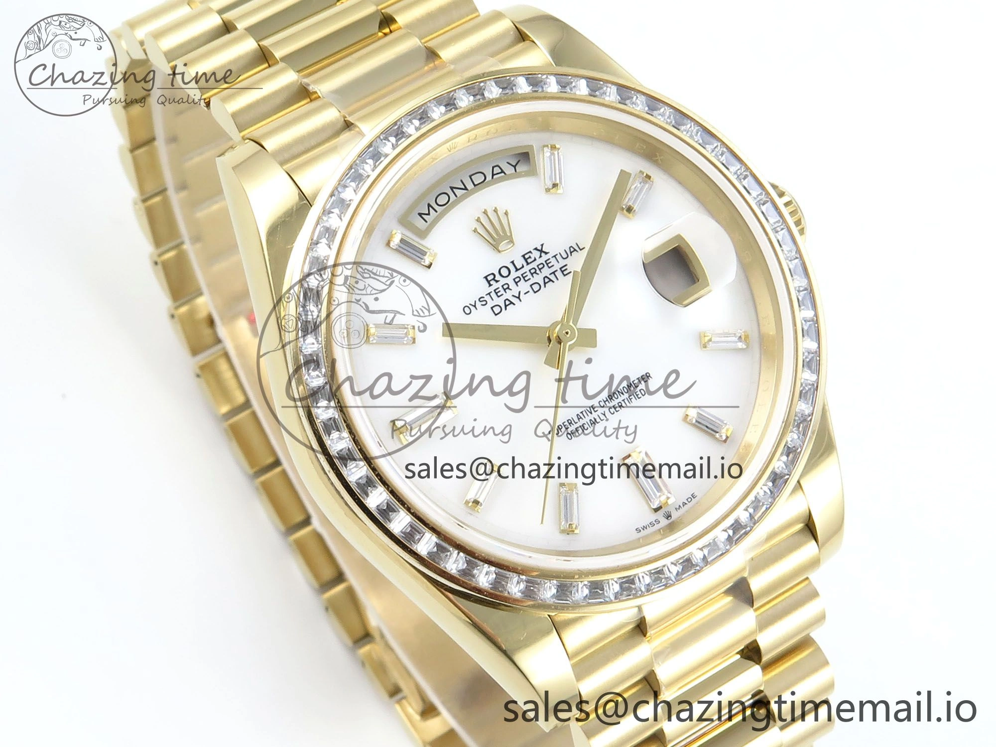 DayDate 40 YG QF 1:1 Best Edition White MOP Dial Diamonds Bezel on President Bracelet A2836 V5 (Gain Weight)