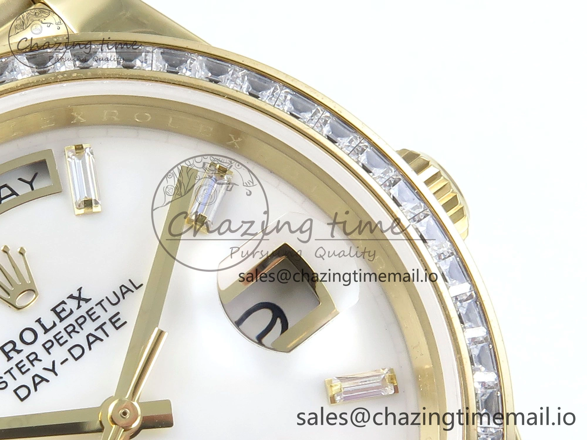 DayDate 40 YG QF 1:1 Best Edition White MOP Dial Diamonds Bezel on President Bracelet A2836 V5 (Gain Weight)
