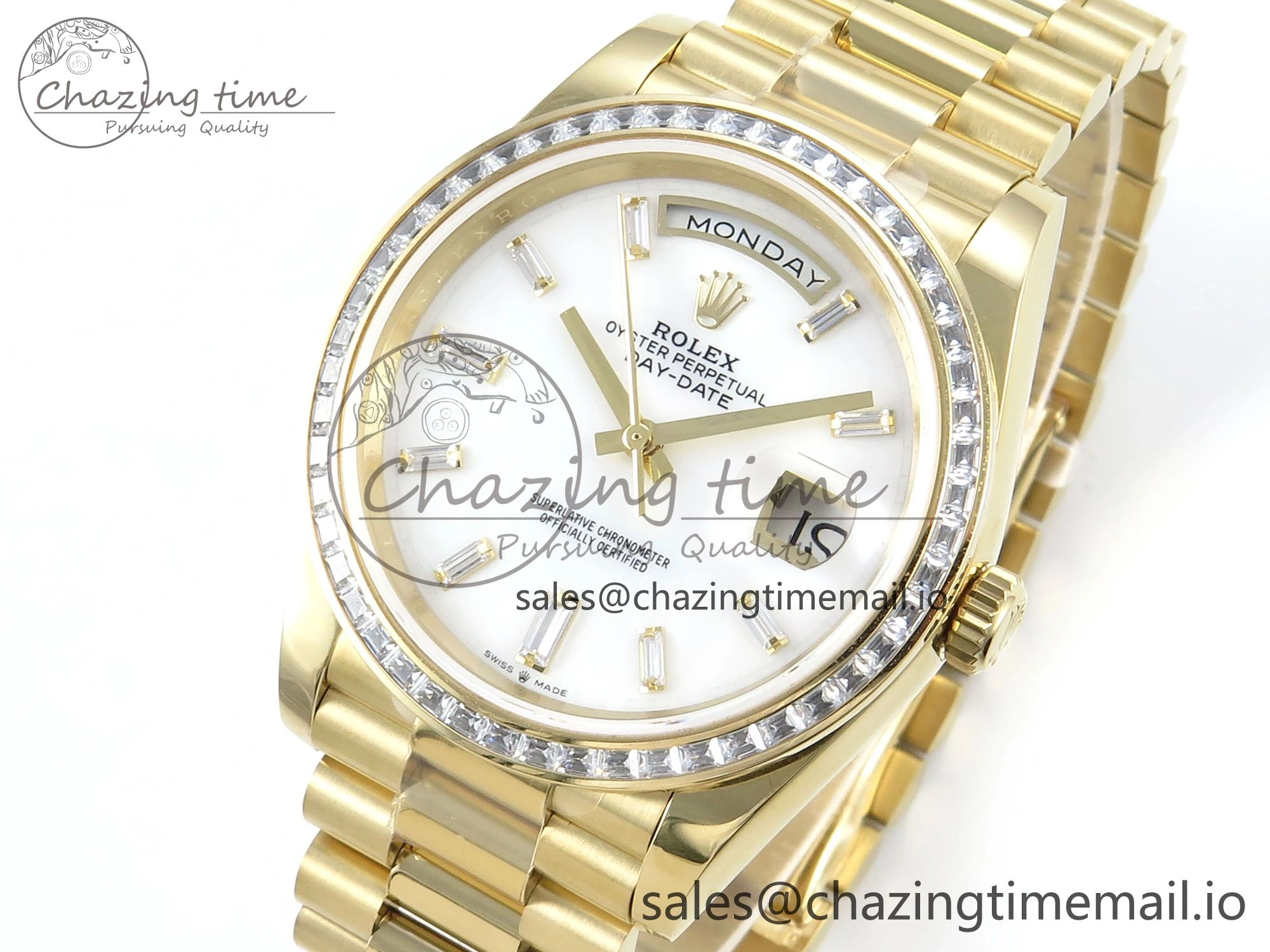 DayDate 40 YG QF 1:1 Best Edition White MOP Dial Diamonds Bezel on President Bracelet A2836 V5 (Gain Weight)