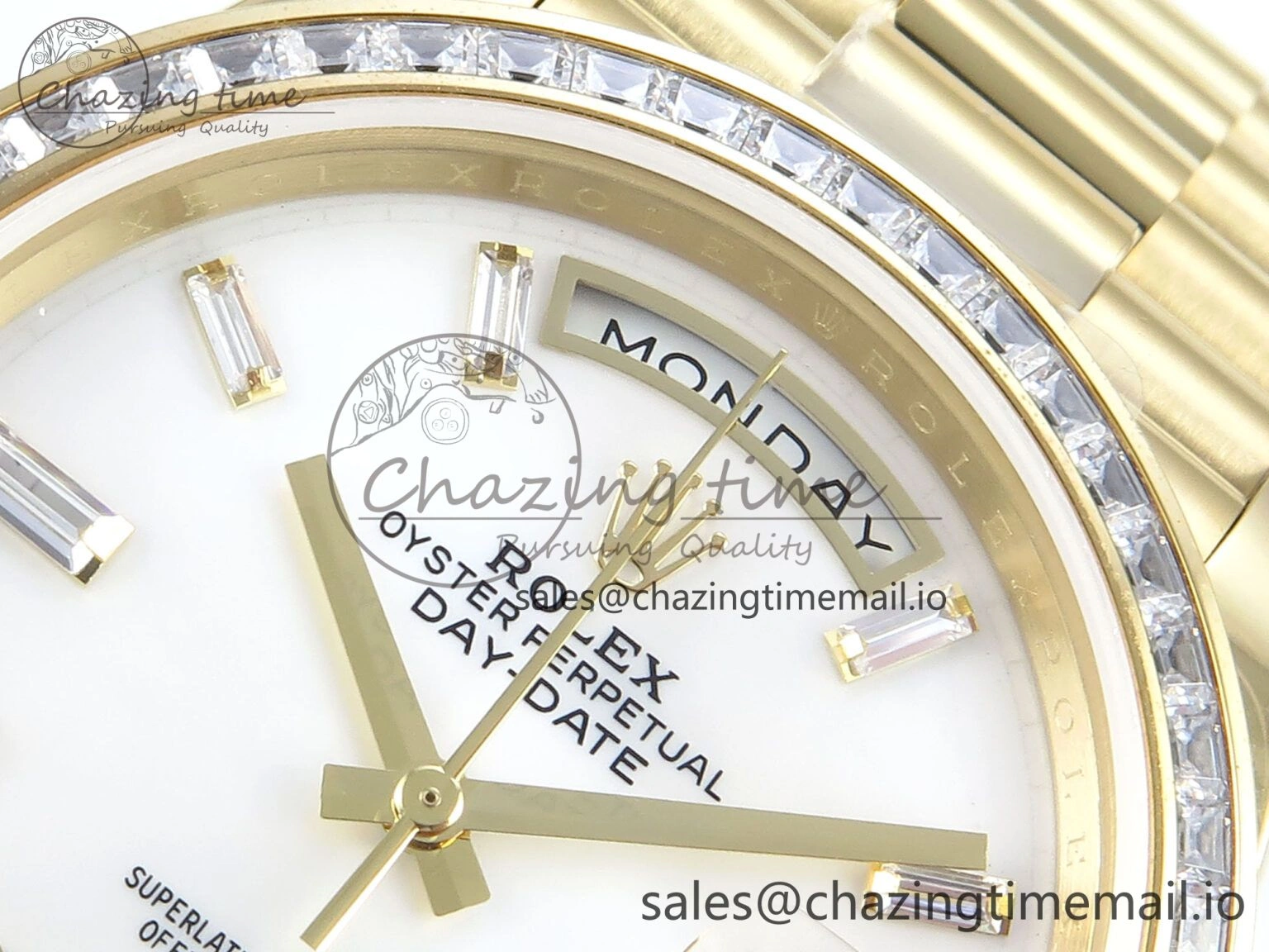 DayDate 40 YG QF 1:1 Best Edition White MOP Dial Diamonds Bezel on President Bracelet A2836 V5 (Gain Weight)