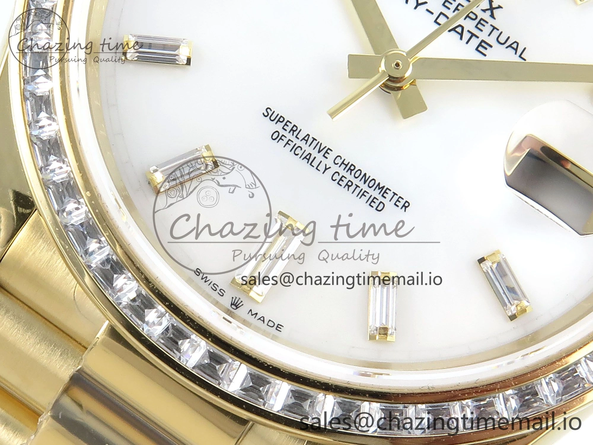 DayDate 40 YG QF 1:1 Best Edition White MOP Dial Diamonds Bezel on President Bracelet A2836 V5 (Gain Weight)