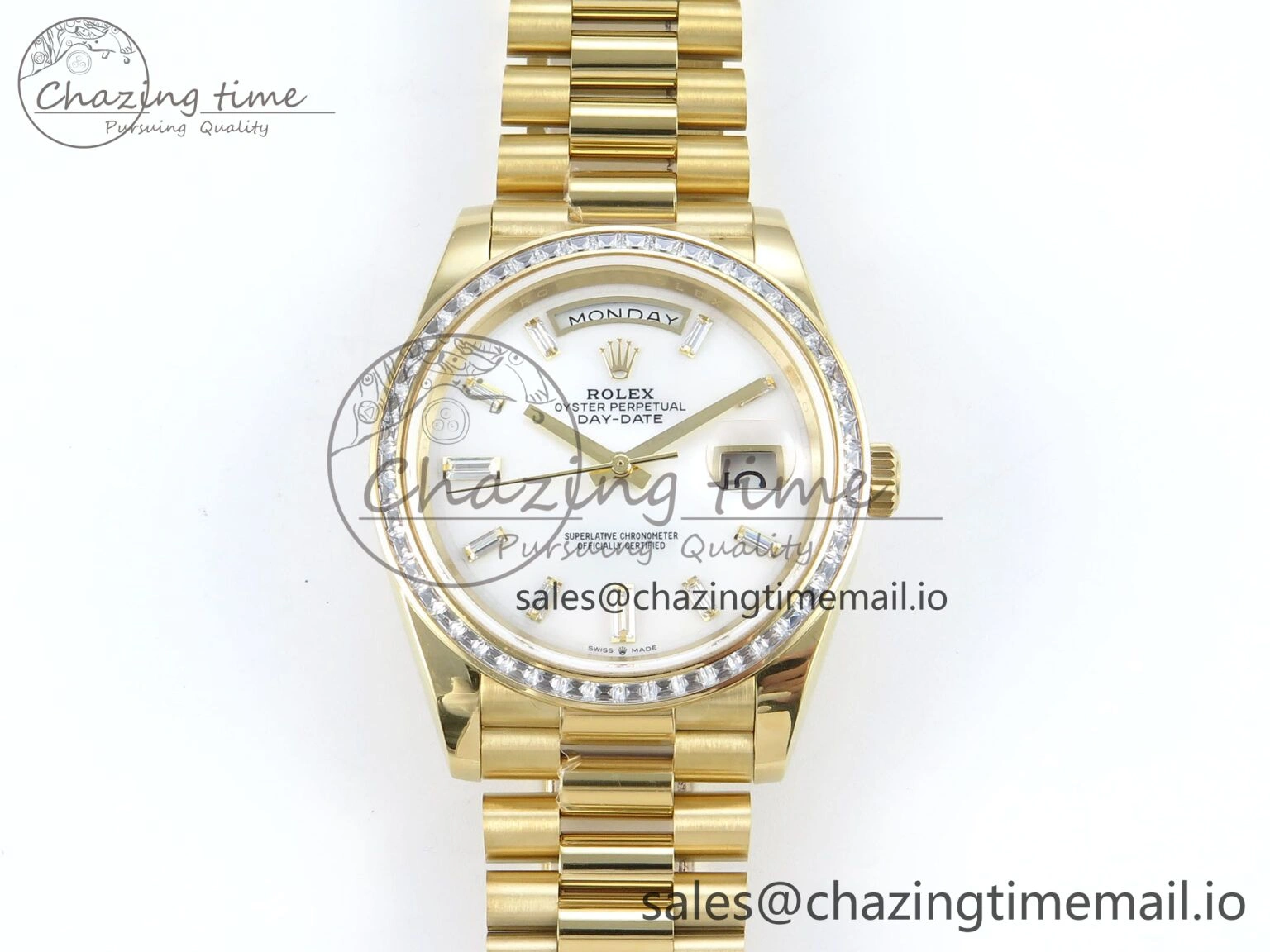 DayDate 40 YG QF 1:1 Best Edition White MOP Dial Diamonds Bezel on President Bracelet A2836 V5 (Gain Weight)