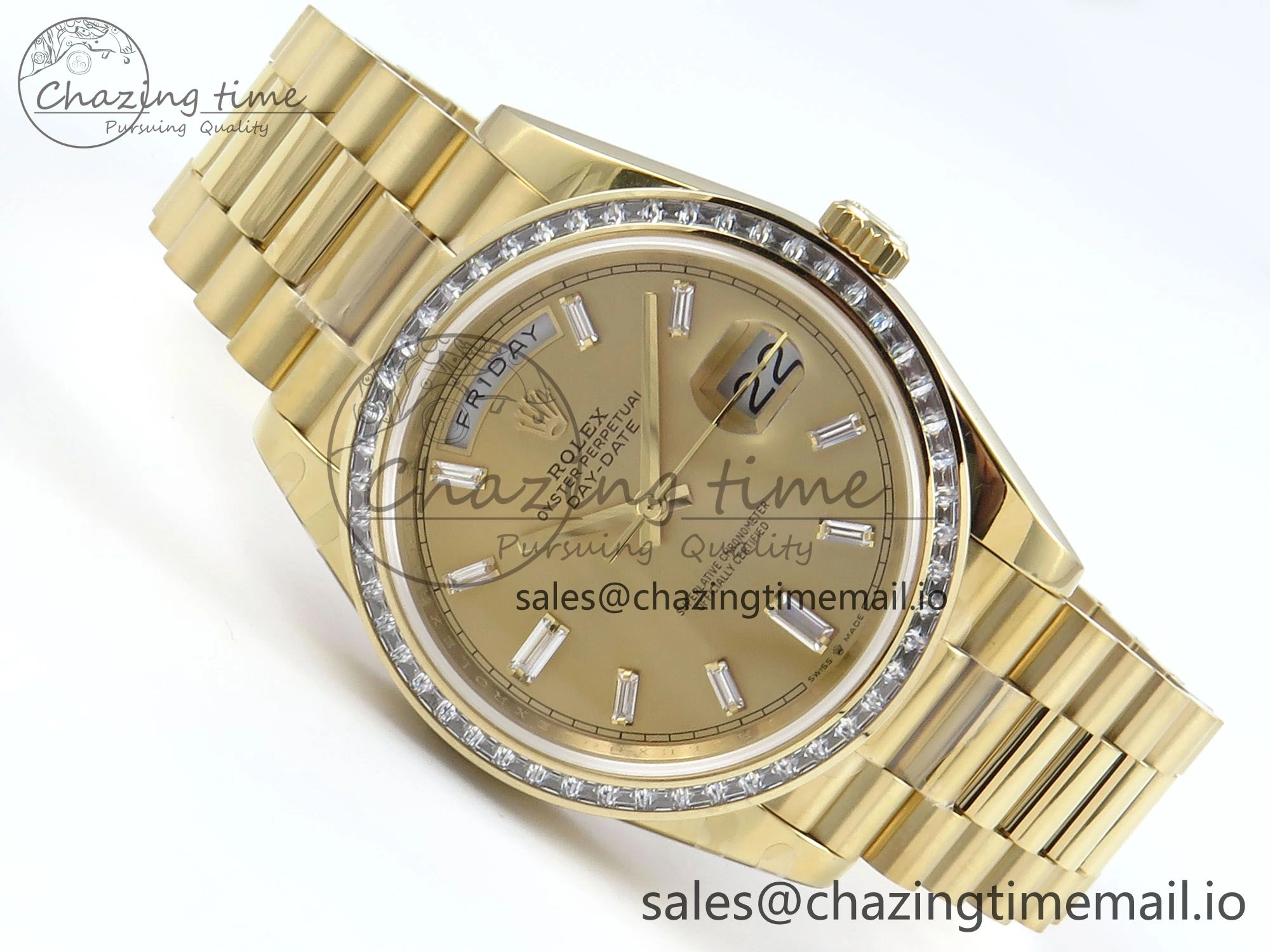 DayDate 40 YG QF 1:1 Best Edition YG Crystal Dial Diamonds Bezel on President Bracelet A2836 V5 (Gain Weight)
