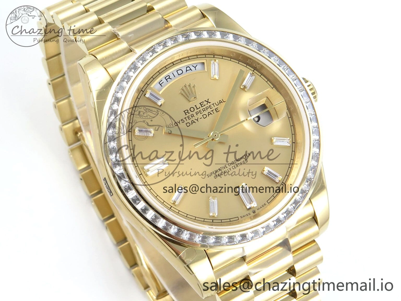 DayDate 40 YG QF 1:1 Best Edition YG Crystal Dial Diamonds Bezel on President Bracelet A2836 V5 (Gain Weight)