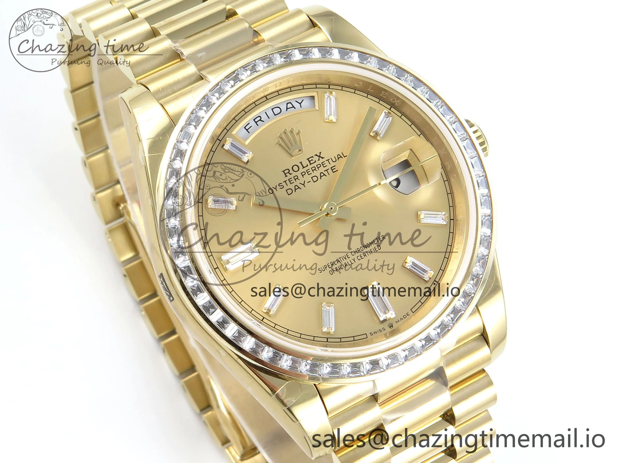 DayDate 40 YG QF 1:1 Best Edition YG Crystal Dial Diamonds Bezel on President Bracelet A2836 V5 (Gain Weight)