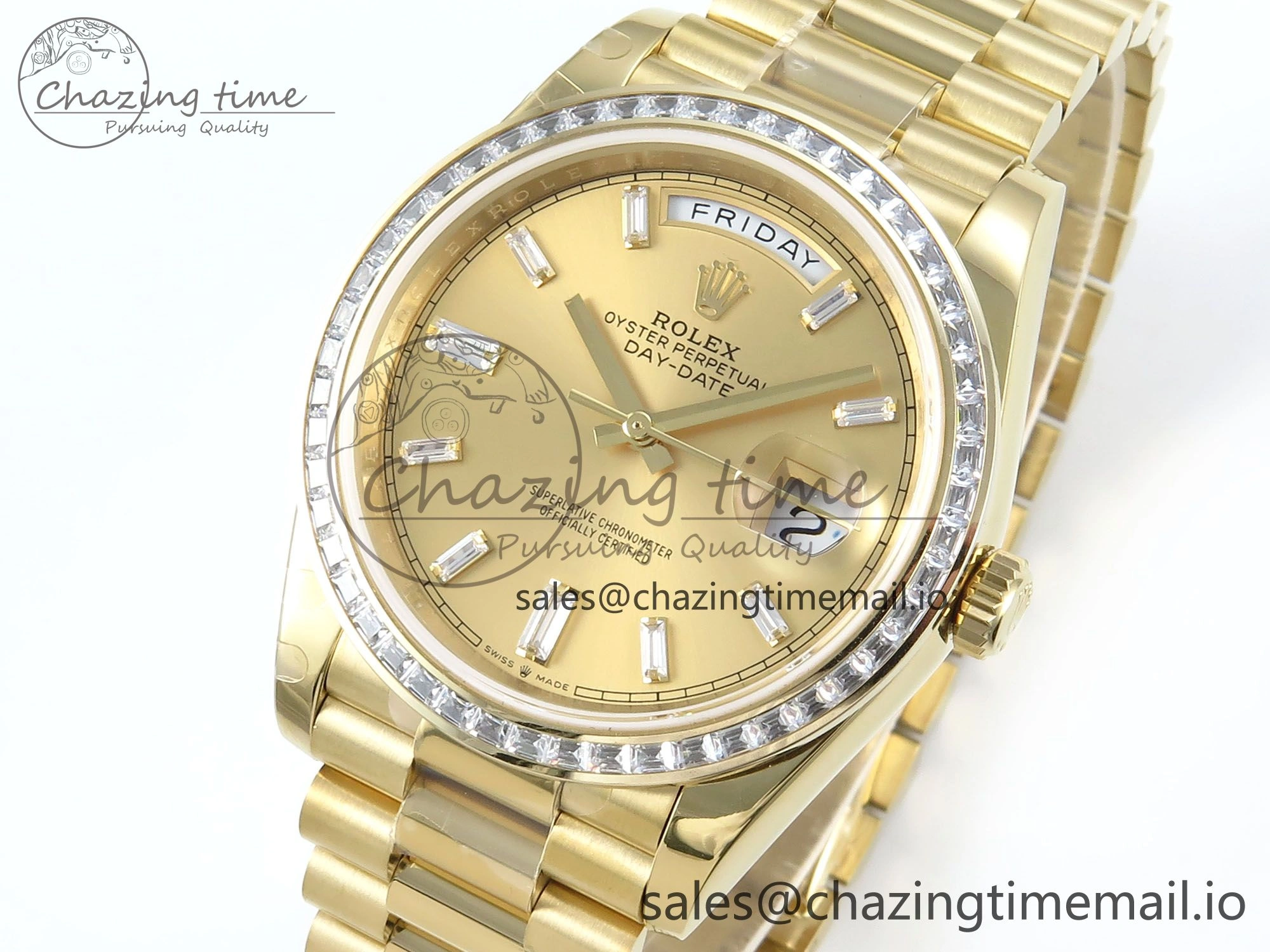 DayDate 40 YG QF 1:1 Best Edition YG Crystal Dial Diamonds Bezel on President Bracelet A2836 V5 (Gain Weight)