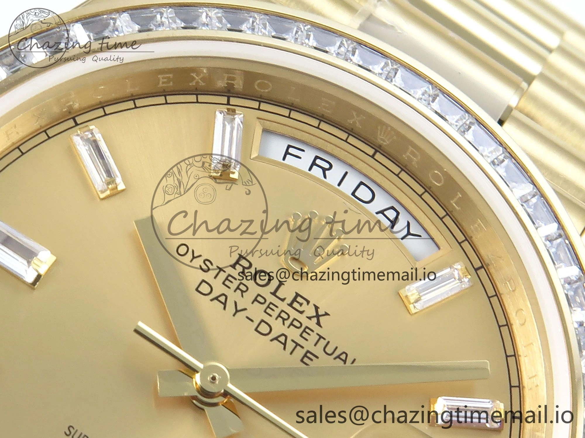 DayDate 40 YG QF 1:1 Best Edition YG Crystal Dial Diamonds Bezel on President Bracelet A2836 V5 (Gain Weight)