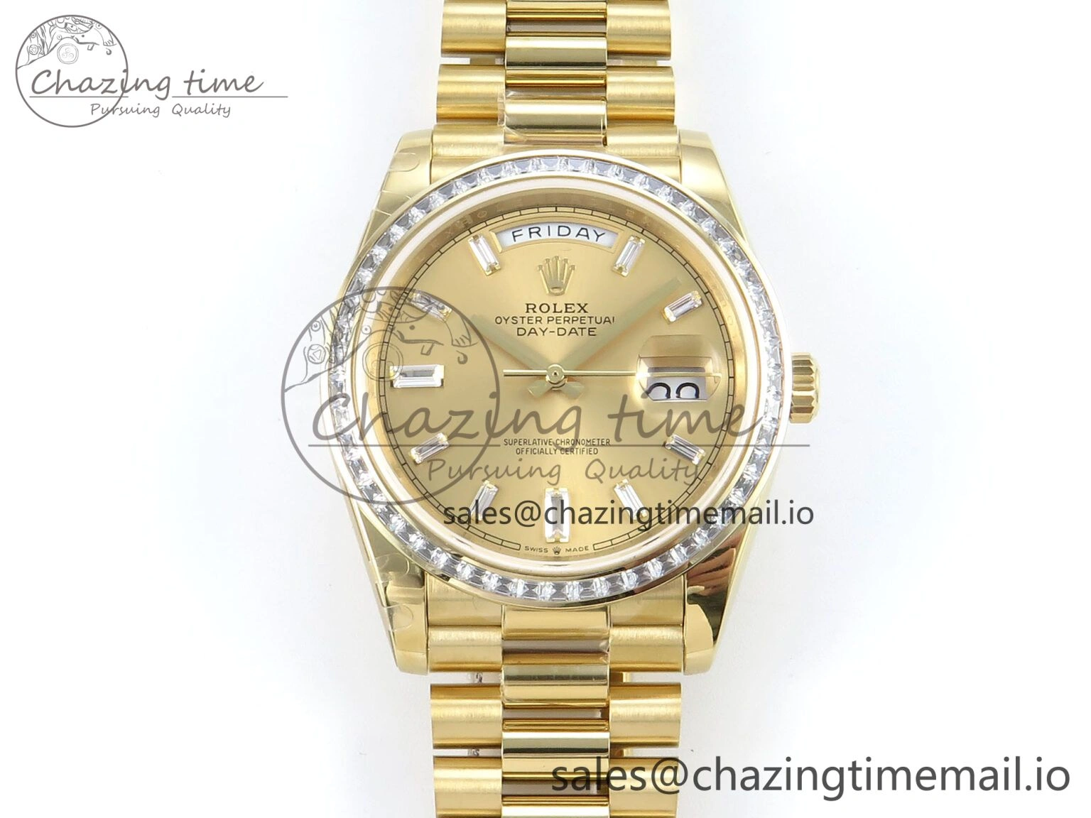 DayDate 40 YG QF 1:1 Best Edition YG Crystal Dial Diamonds Bezel on President Bracelet A2836 V5 (Gain Weight)