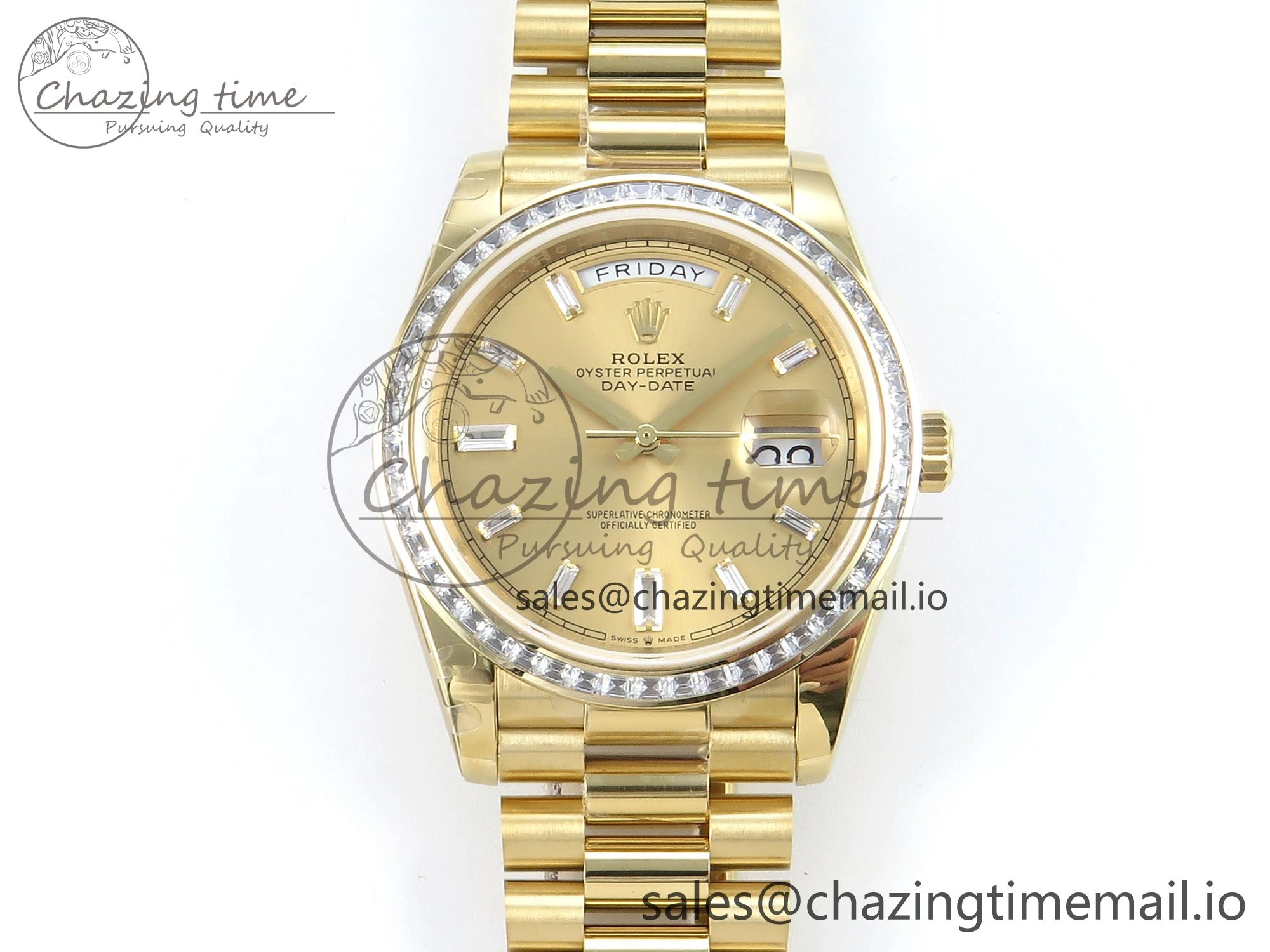 DayDate 40 YG QF 1:1 Best Edition YG Crystal Dial Diamonds Bezel on President Bracelet A2836 V5 (Gain Weight)