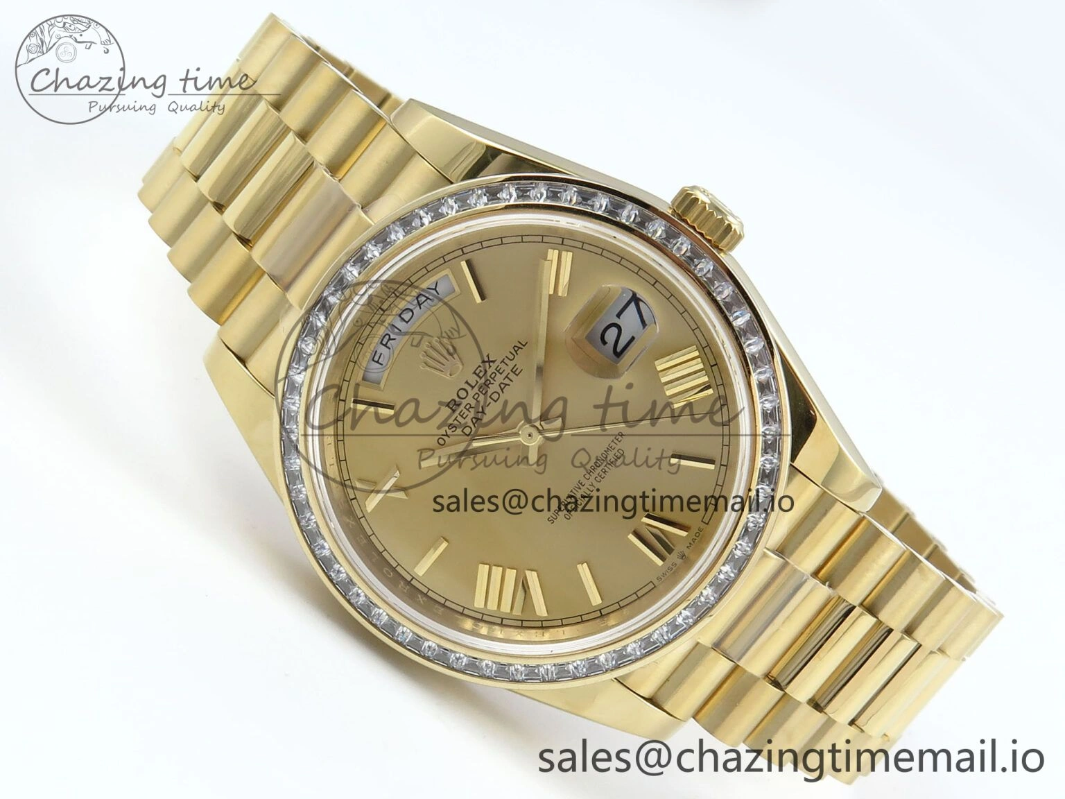 DayDate 40 YG QF 1:1 Best Edition YG Roman Dial Diamonds Bezel on President Bracelet A2836 V5 (Gain Weight)
