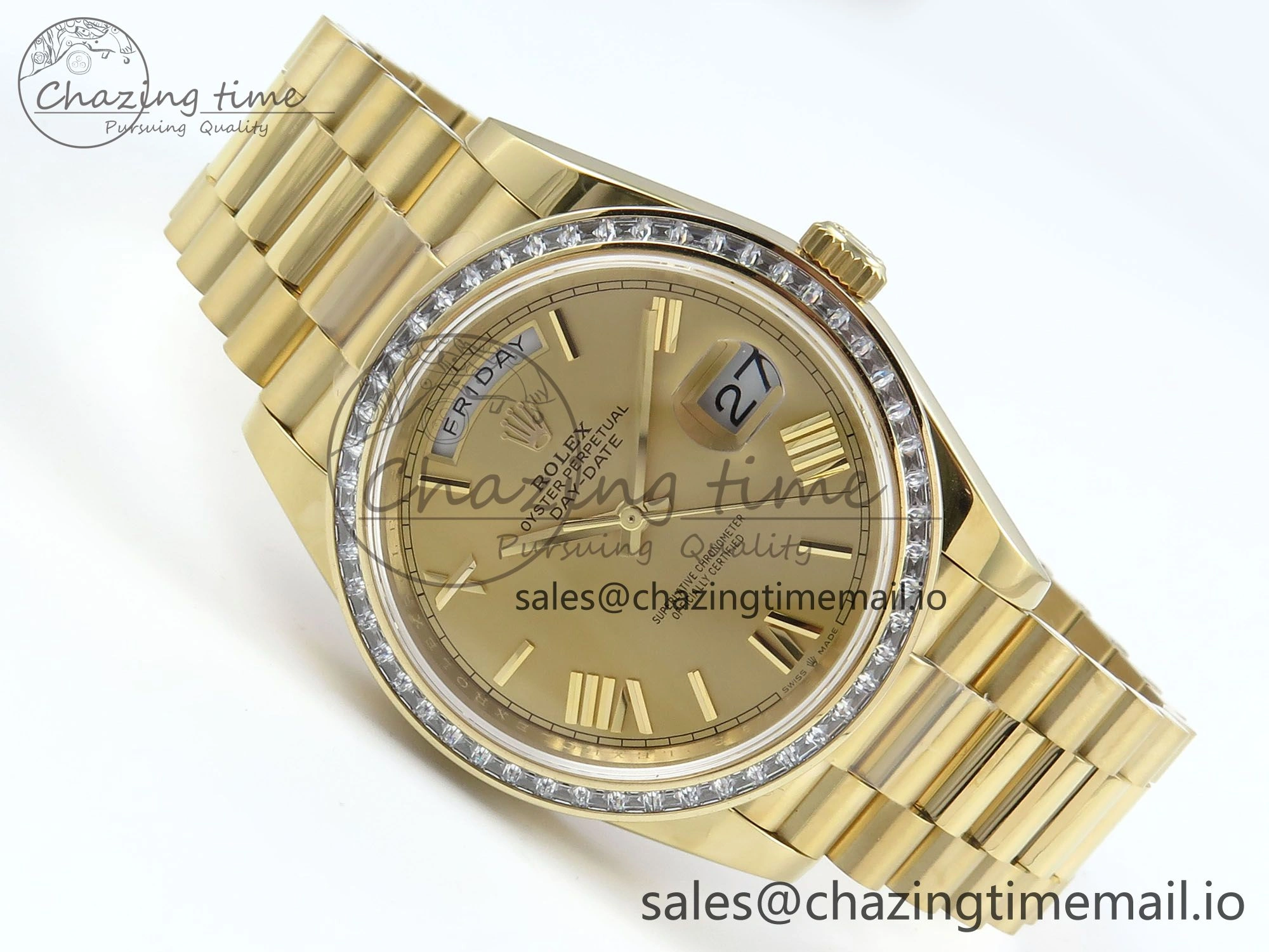 DayDate 40 YG QF 1:1 Best Edition YG Roman Dial Diamonds Bezel on President Bracelet A2836 V5 (Gain Weight)