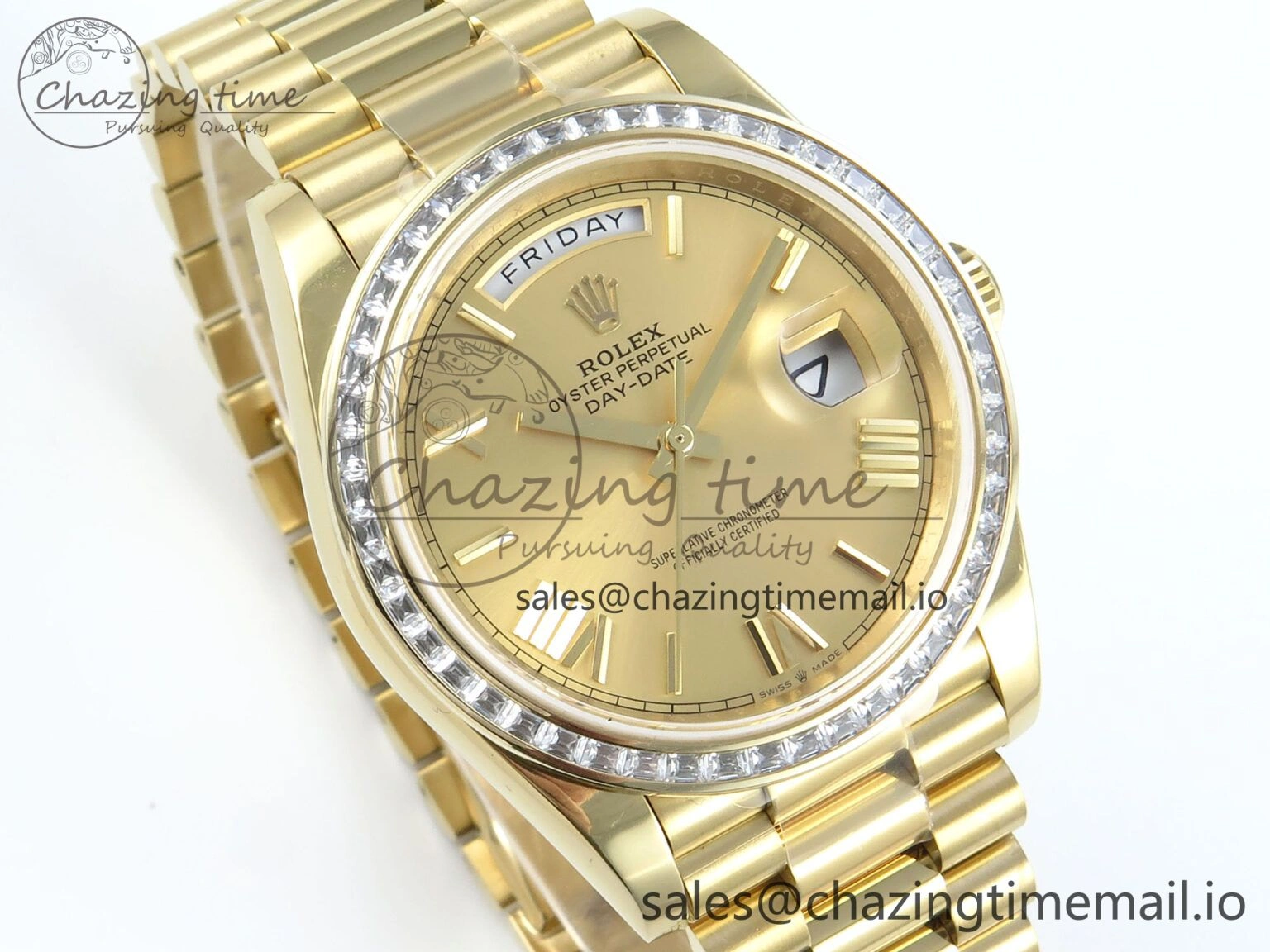 DayDate 40 YG QF 1:1 Best Edition YG Roman Dial Diamonds Bezel on President Bracelet A2836 V5 (Gain Weight)