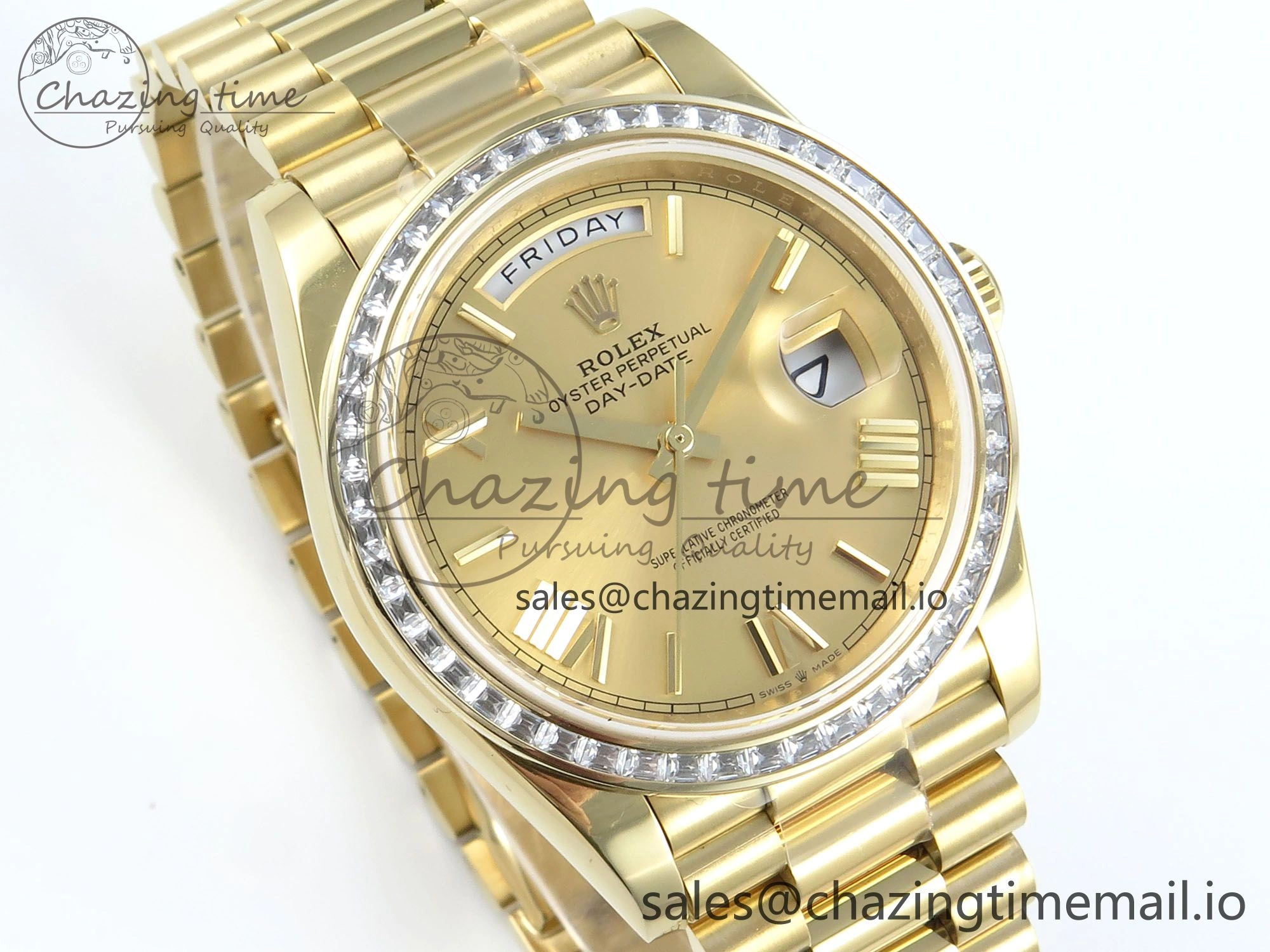 DayDate 40 YG QF 1:1 Best Edition YG Roman Dial Diamonds Bezel on President Bracelet A2836 V5 (Gain Weight)