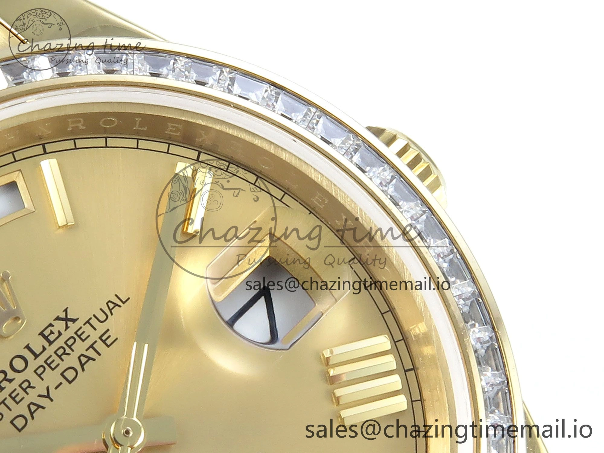 DayDate 40 YG QF 1:1 Best Edition YG Roman Dial Diamonds Bezel on President Bracelet A2836 V5 (Gain Weight)