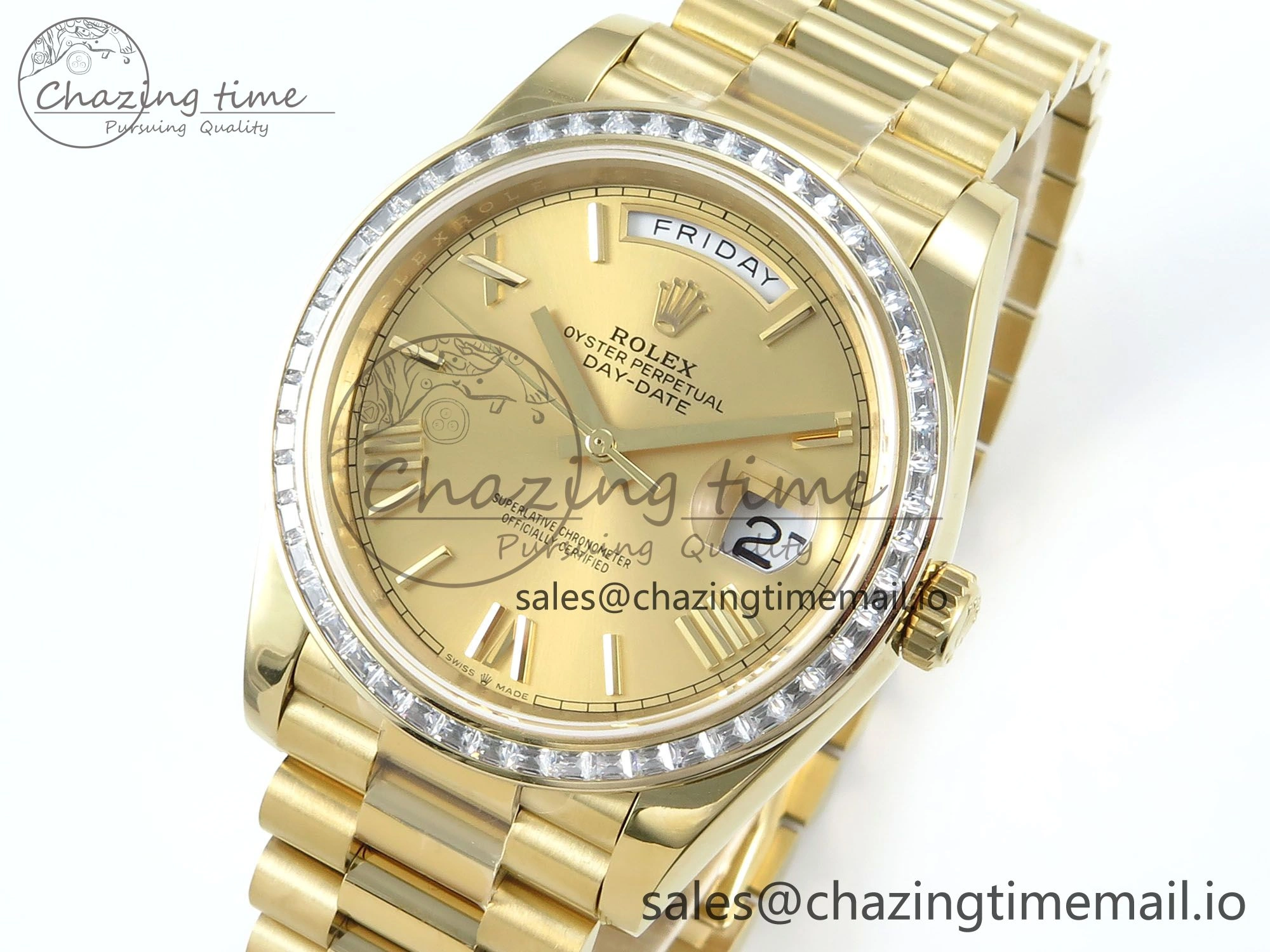 DayDate 40 YG QF 1:1 Best Edition YG Roman Dial Diamonds Bezel on President Bracelet A2836 V5 (Gain Weight)