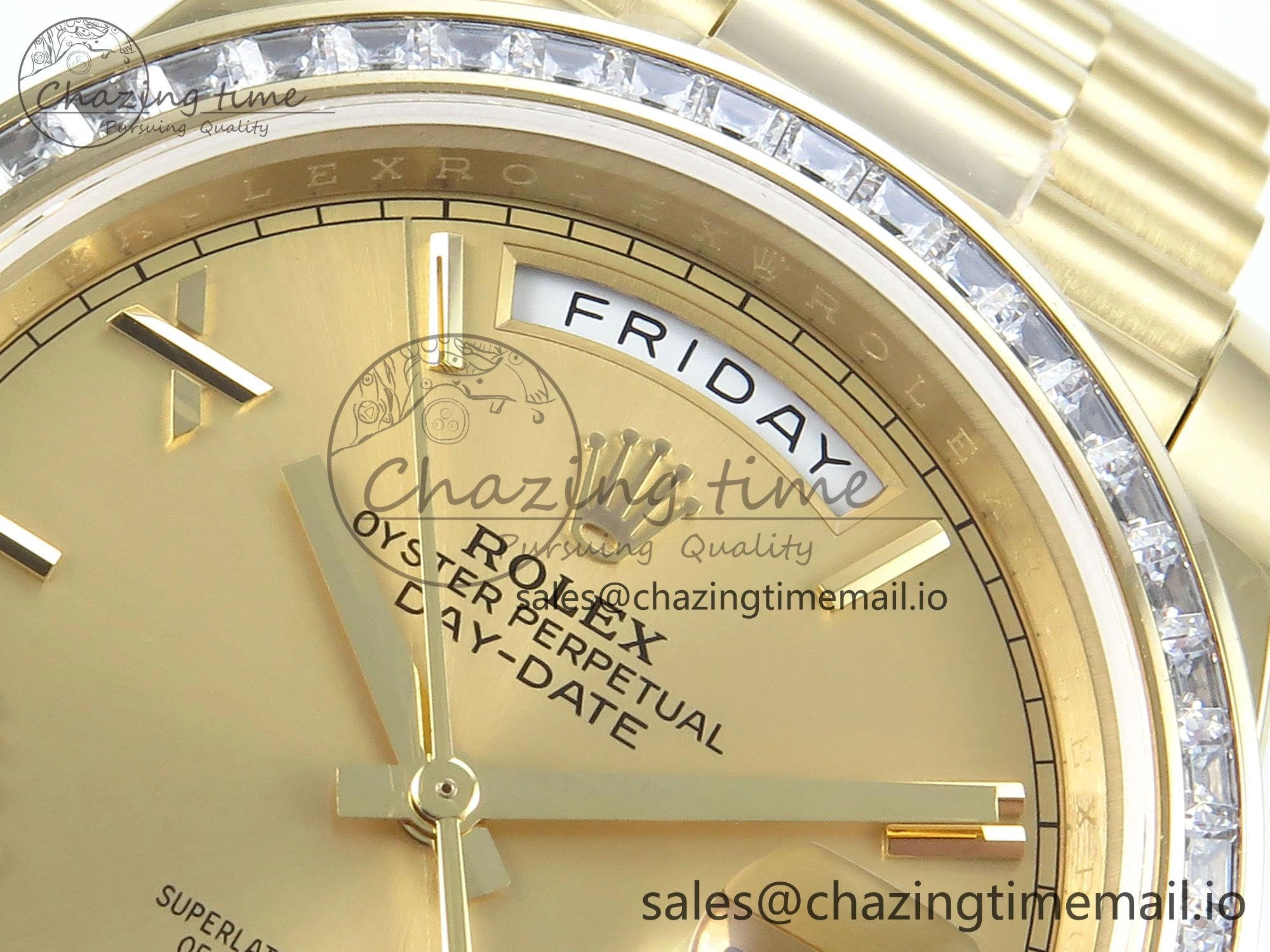 DayDate 40 YG QF 1:1 Best Edition YG Roman Dial Diamonds Bezel on President Bracelet A2836 V5 (Gain Weight)