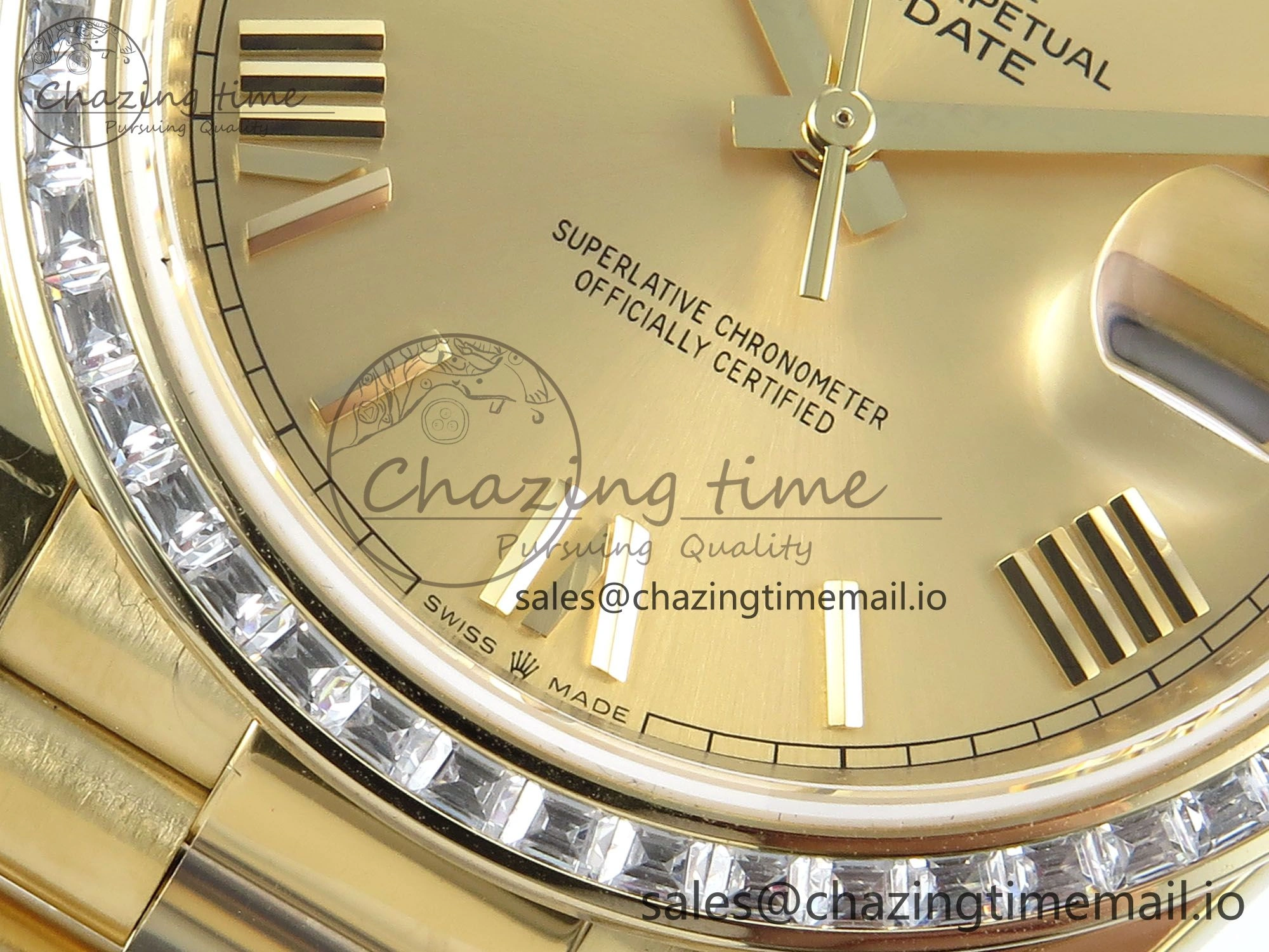 DayDate 40 YG QF 1:1 Best Edition YG Roman Dial Diamonds Bezel on President Bracelet A2836 V5 (Gain Weight)