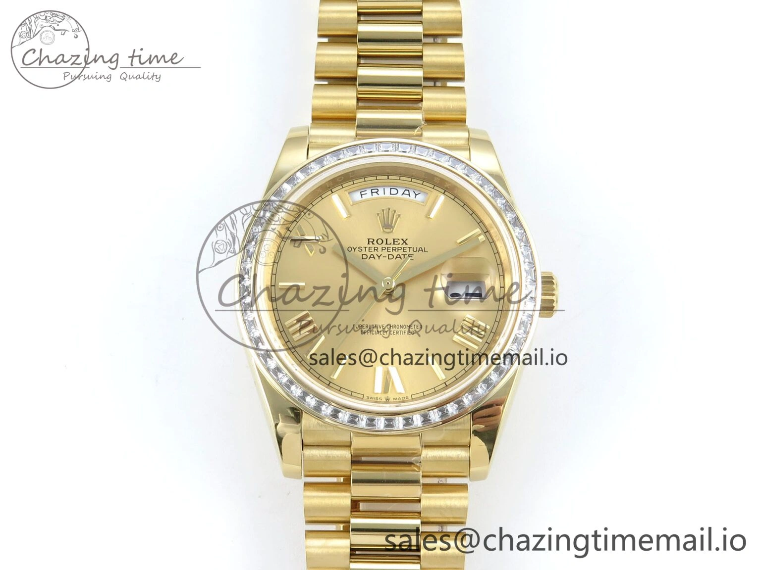 DayDate 40 YG QF 1:1 Best Edition YG Roman Dial Diamonds Bezel on President Bracelet A2836 V5 (Gain Weight)