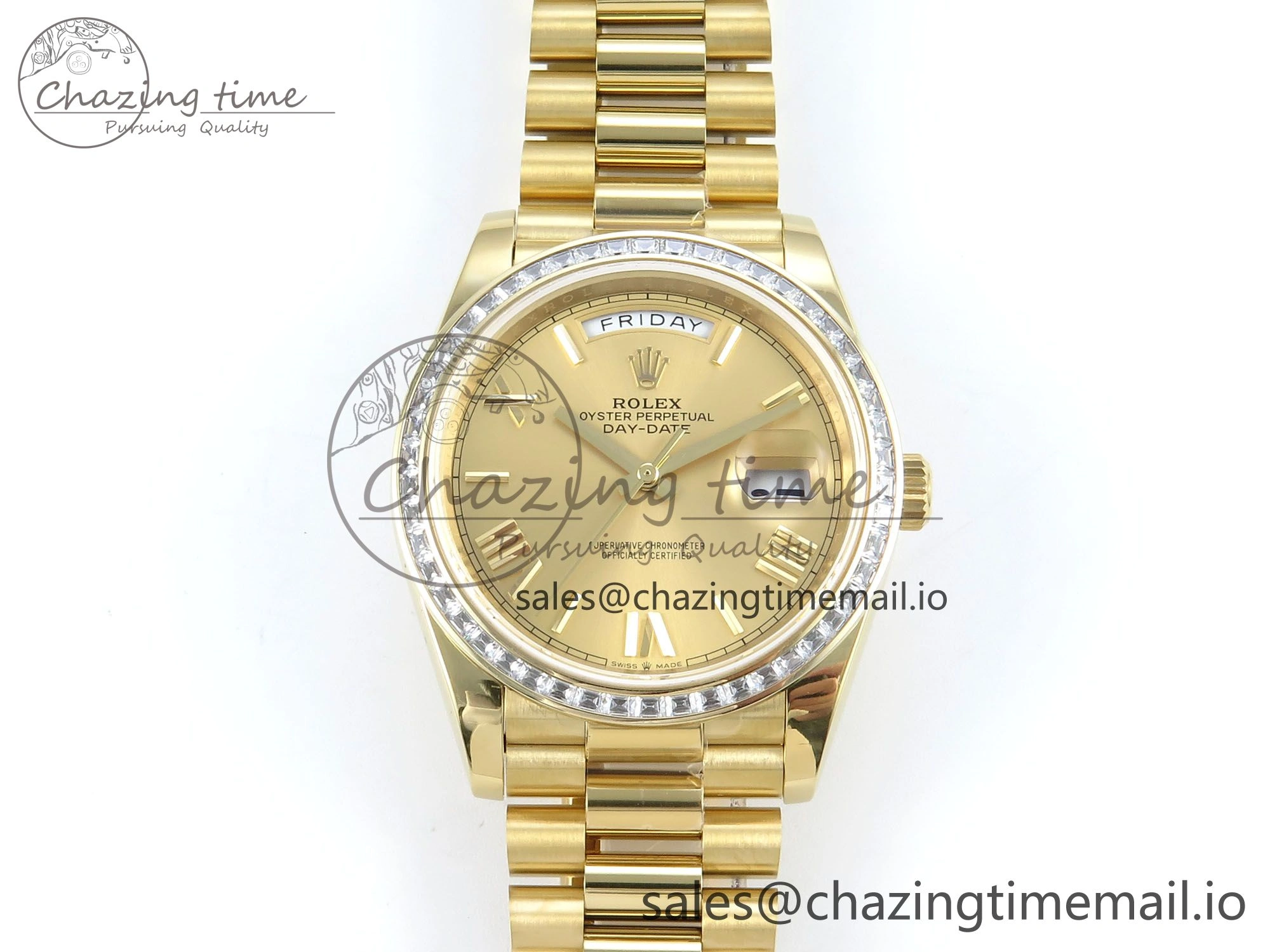 DayDate 40 YG QF 1:1 Best Edition YG Roman Dial Diamonds Bezel on President Bracelet A2836 V5 (Gain Weight)